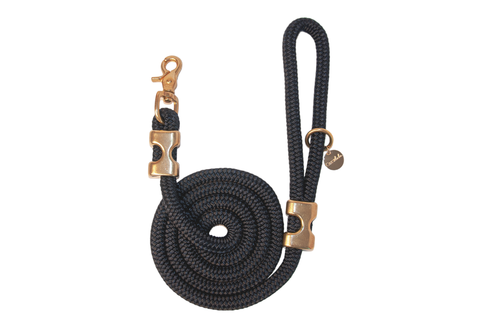Durable black rope dog leash made from tightly braided nylon with subtle sheen. Features polished gold-tone metal hardware, including a sturdy swivel snap hook, decorative clamps, and a round “Crew Lala” charm near the loop handle. The leash is coiled in a neat spiral for display.