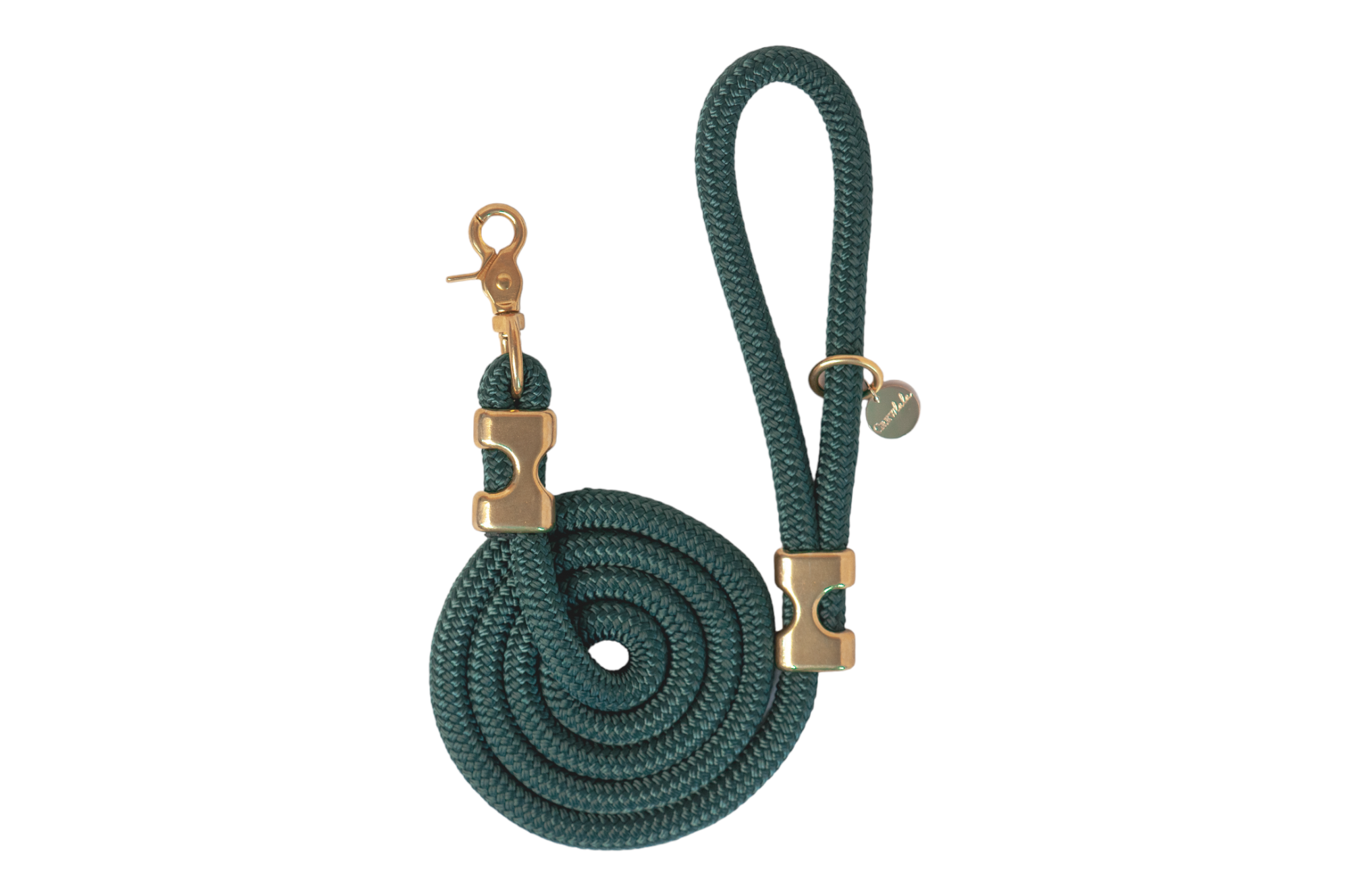 Durable hunter green rope dog leash made from tightly braided nylon with subtle sheen. Features polished gold-tone metal hardware, including a sturdy swivel snap hook, decorative clamps, and a round “Crew Lala” charm near the loop handle. The leash is coiled in a neat spiral for display.