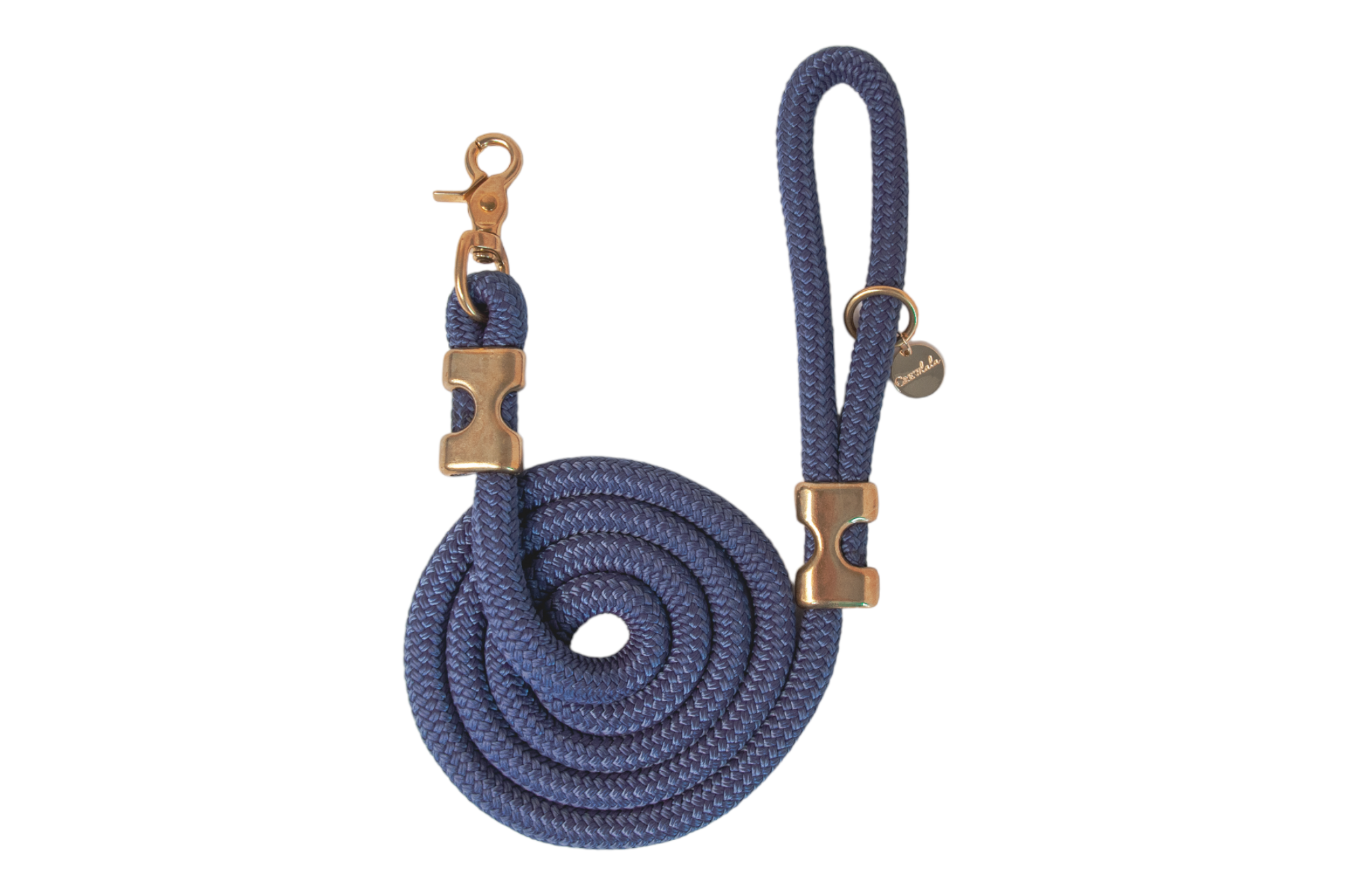Durable navy blue rope dog leash made from tightly braided nylon with subtle sheen. Features polished gold-tone metal hardware, including a sturdy swivel snap hook, decorative clamps, and a round “Crew Lala” charm near the loop handle. The leash is coiled in a neat spiral for display.