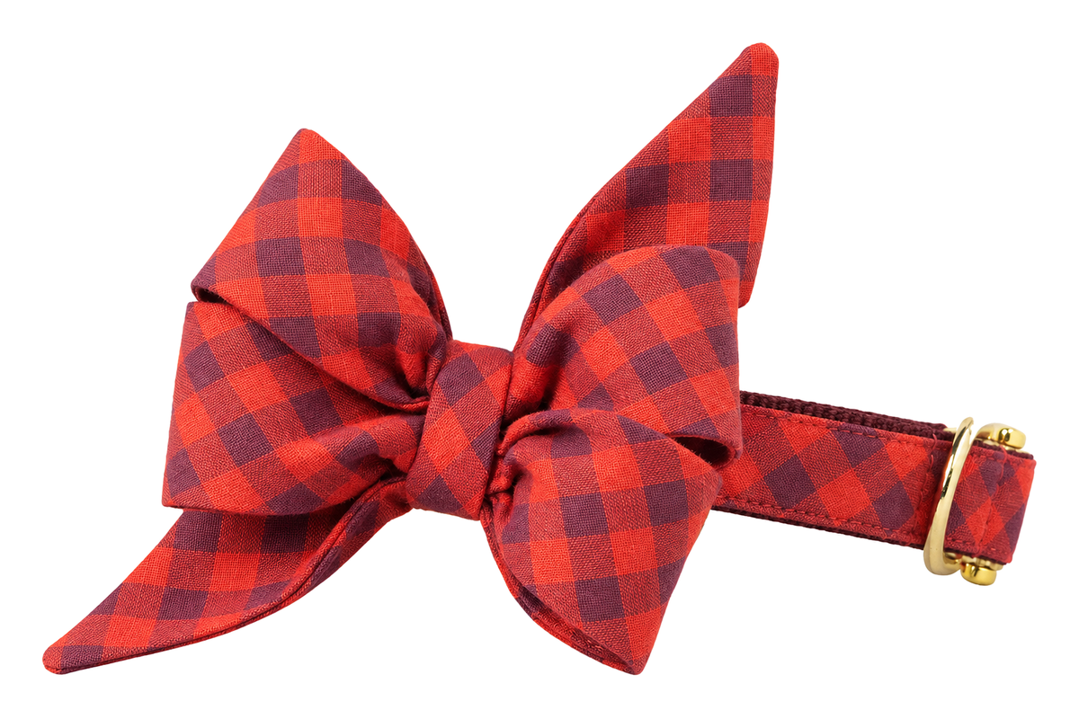 Dog collar featuring a large belle bow in Apple Spice Plaid fabric, a tomato red and plum check, attached to a matching Apple Spice Plaid collar with a nylon inner lining and gleaming gold hardware, including a D-ring and buckle.