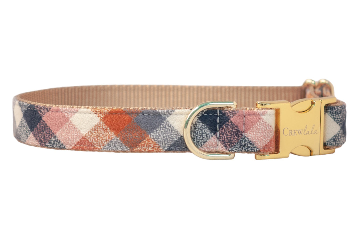 A stylish flannel dog collar in a rich autumn plaid pattern, featuring intersecting diamond shapes. The collar is reinforced with beige nylon webbing and fitted with metal hardware, including a D-ring and branded buckle.