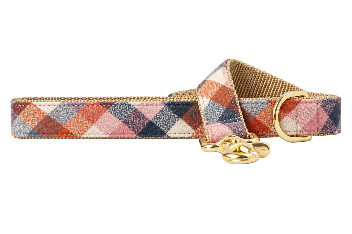 Aspen Flannel dog leash made with a soft brushed flannel buffalo check in orange, slate navy, blush pink and cream, lined with tan beige nylon webbing, with a handle loop and a gold trigger clip.