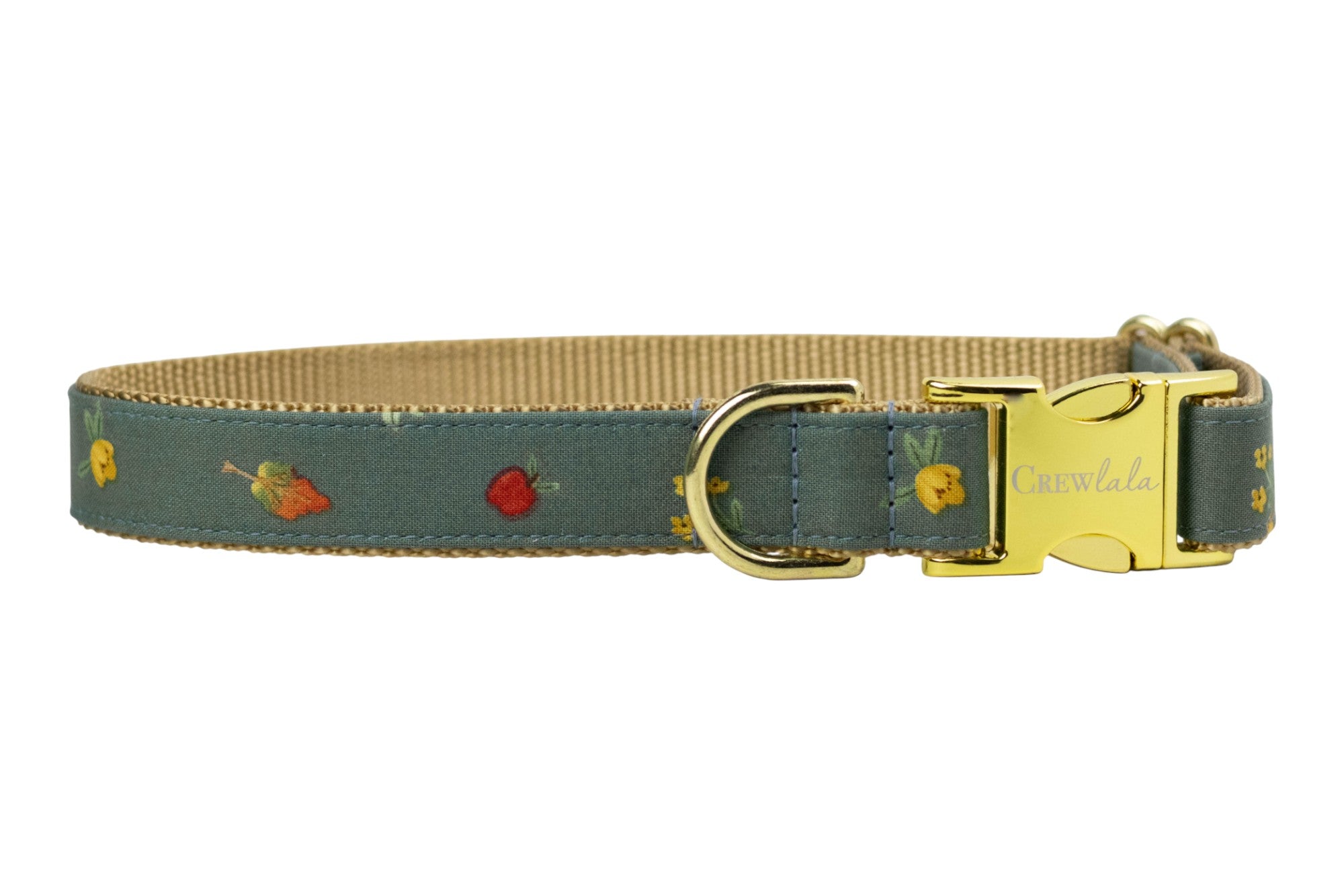 Elegant fall-inspired dog collar showcasing a soft sage green fabric adorned with tiny seasonal motifs like berries and autumn leaves, complete with sturdy nylon backing, a shiny D-ring, and a sleek buckle engraved with the CrewLala logo.
