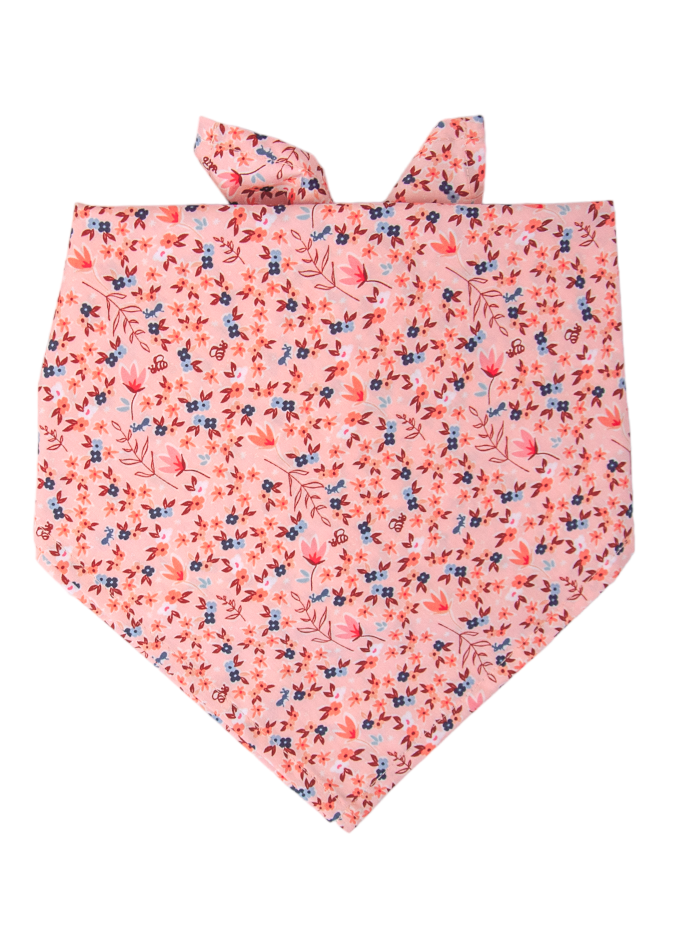Pink dog bandana featuring an all-over botanical pattern of miniature blossoms, leafy sprigs, and whimsical bees in warm and cool tones. Made to be tied around your pup's neck.