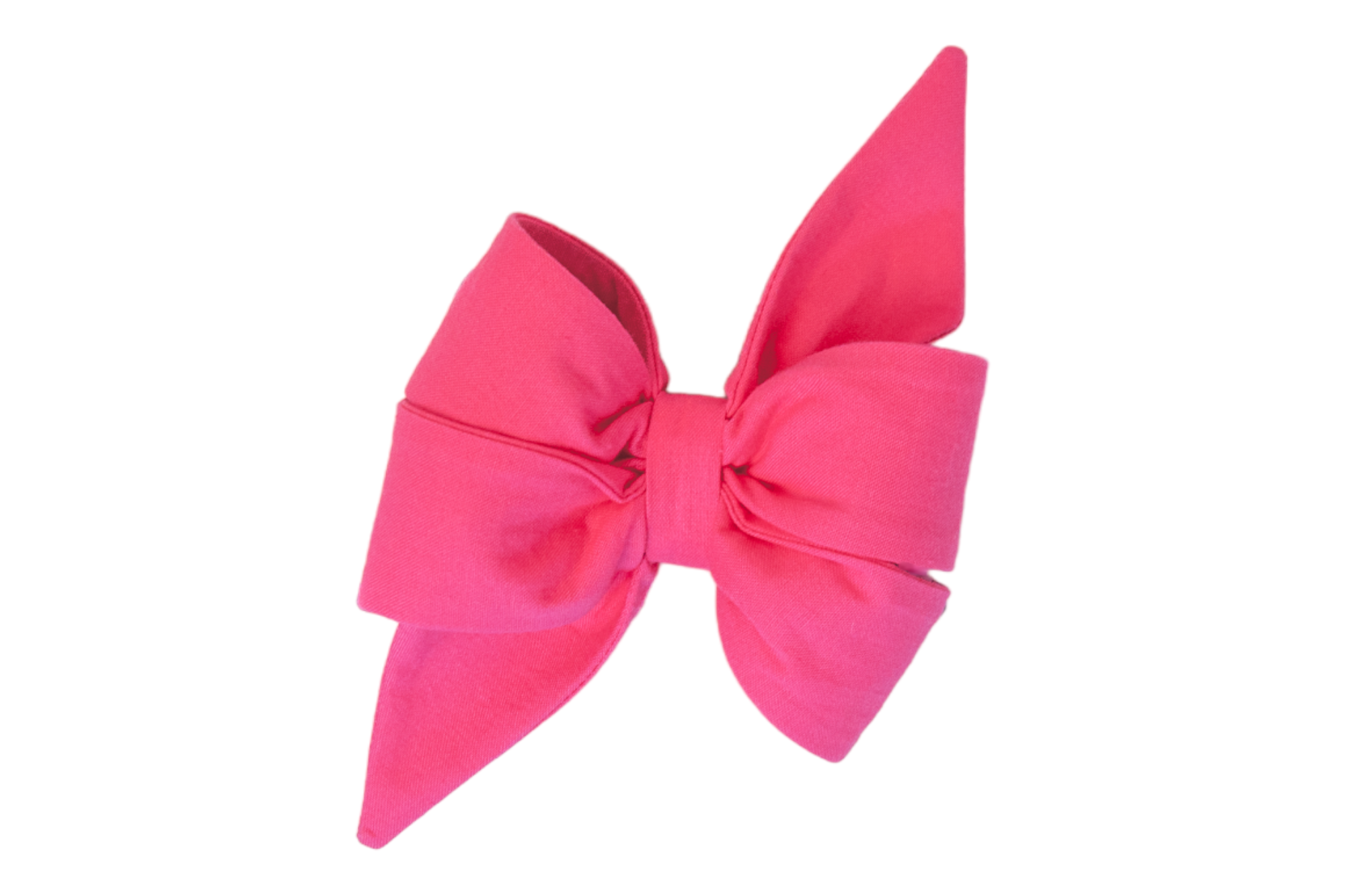 Bold pink fabric girl dog belle bow with large, structured loops and pointed ends, designed for stylish everyday pet wear and special occasions.