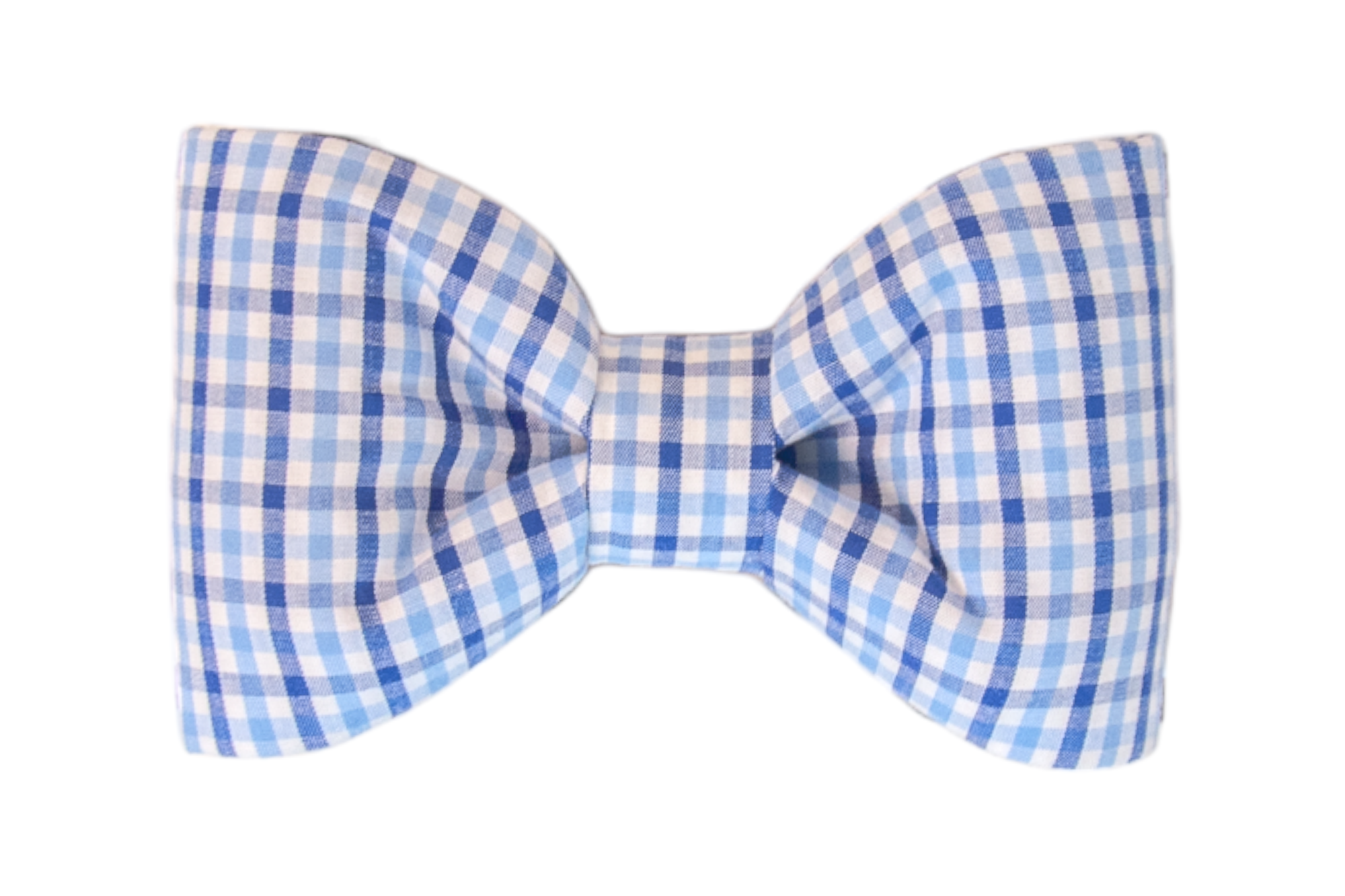 A blue and white gingham-patterned bow tie designed and handmade for dogs, a classic style for spring and summer.