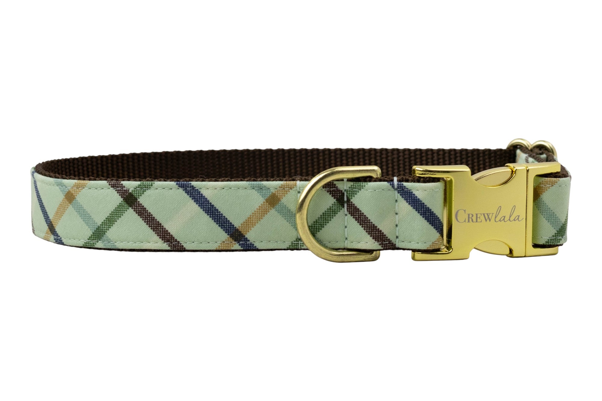 A stylish dog collar with a green plaid pattern featuring diagonal stripes in rich tones, lined with dark webbing and finished with luxe metal hardware.