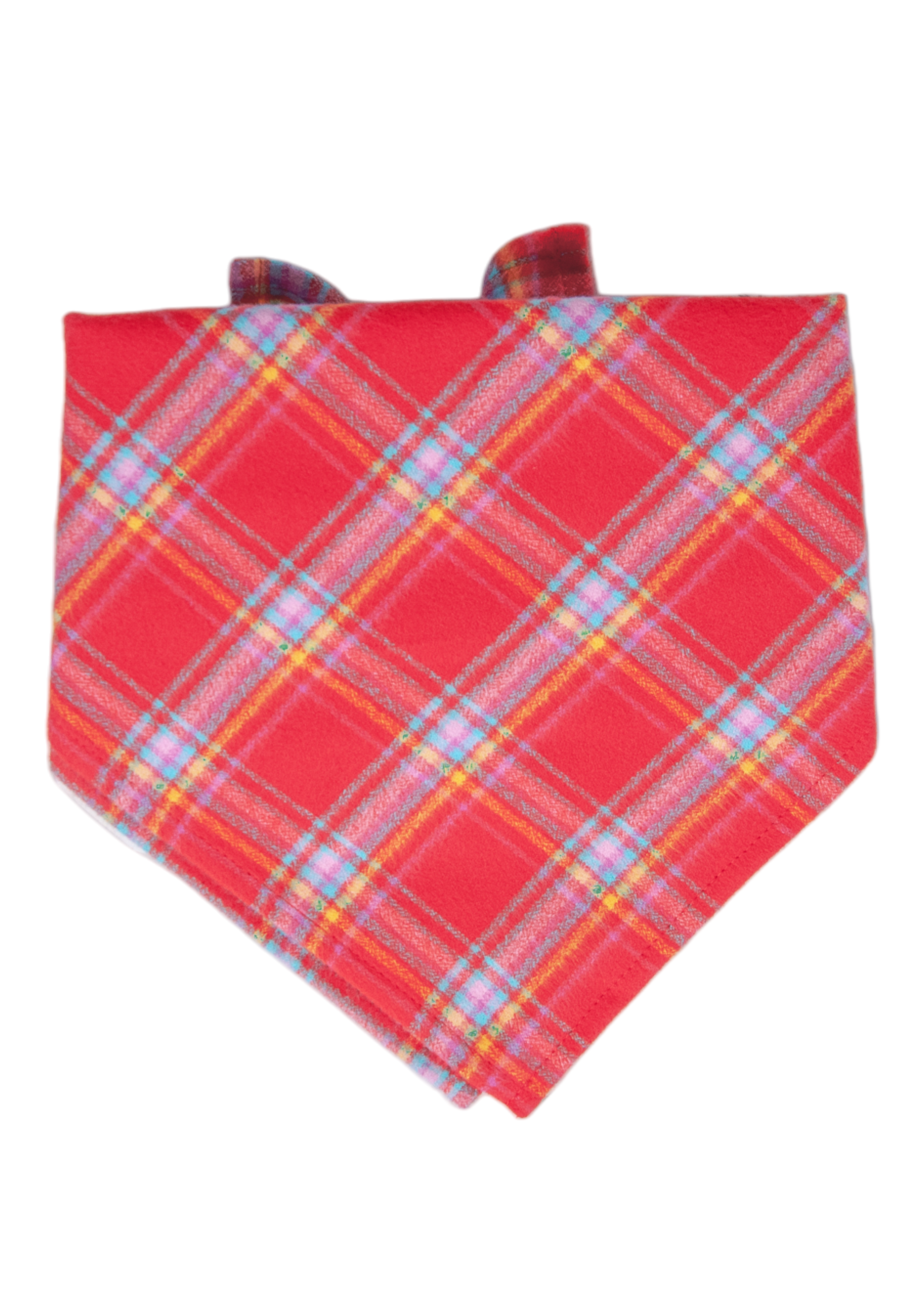 Bright red dog bandana with a colorful plaid pattern design. Shown folded into a classic pointed triangle with small visible tie corners.