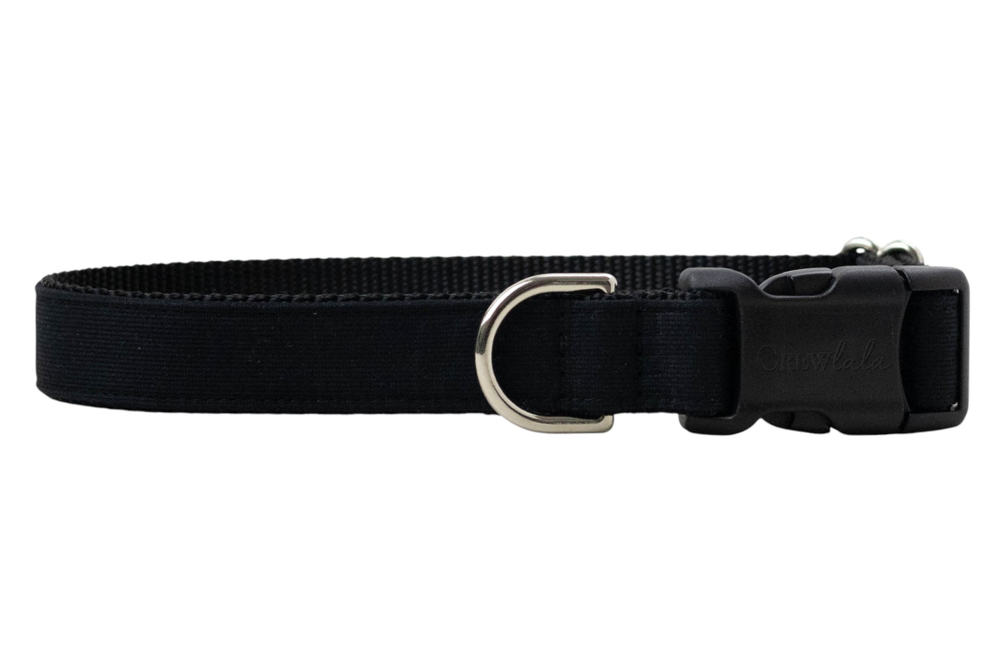 A solid black adjustable dog collar made of durable nylon webbing with reinforced stitching. The collar features a matte black plastic side-release buckle, a metal D-ring and a subtle, sleek design.
