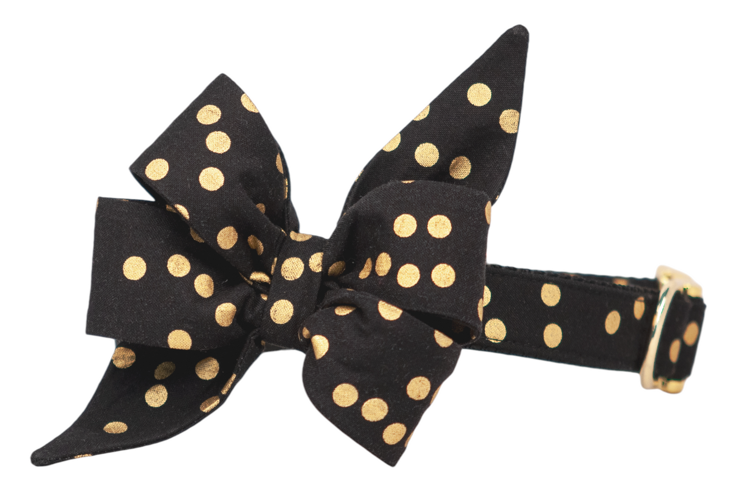 Elegant black dog collar with a prominent, oversized belle bow made of matching polka dot fabric. The belle bow is multi-layered and sharply folded, creating a sculptural look. Metal hardware completes the refined design.