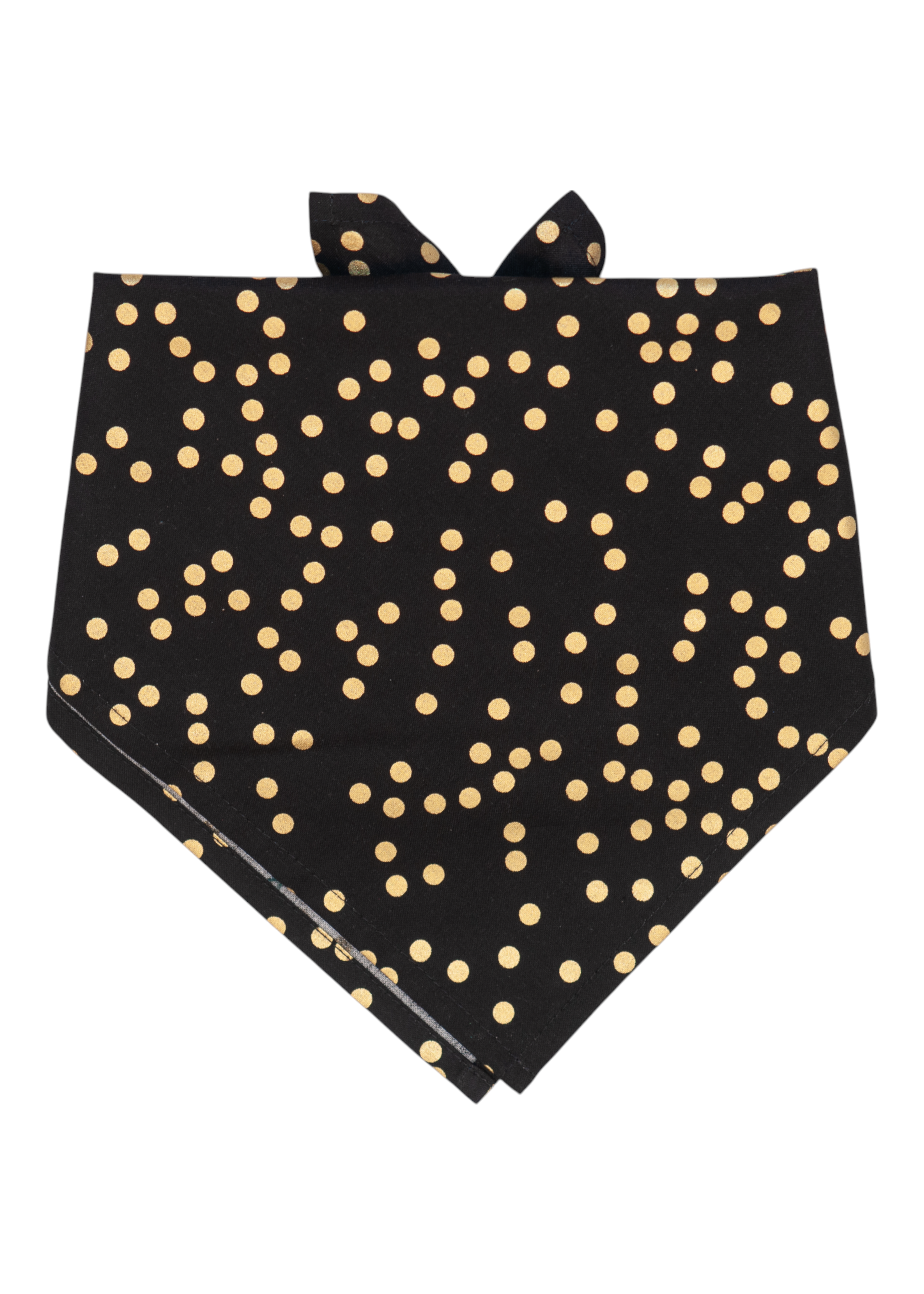 Black dog bandana with scattered metallic gold polka dots, folded in a classic triangular shape. The top edge is folded and tied at the back, making it easy to wear as a stylish, festive accessory.
