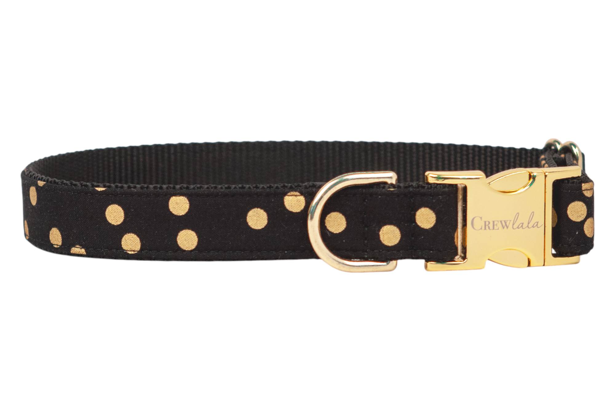 Elegant black dog collar with a fabric overlay printed in metallic polka dots. The collar has a black inner webbing for durability, and is finished with a side-release buckle and matching D-ring.