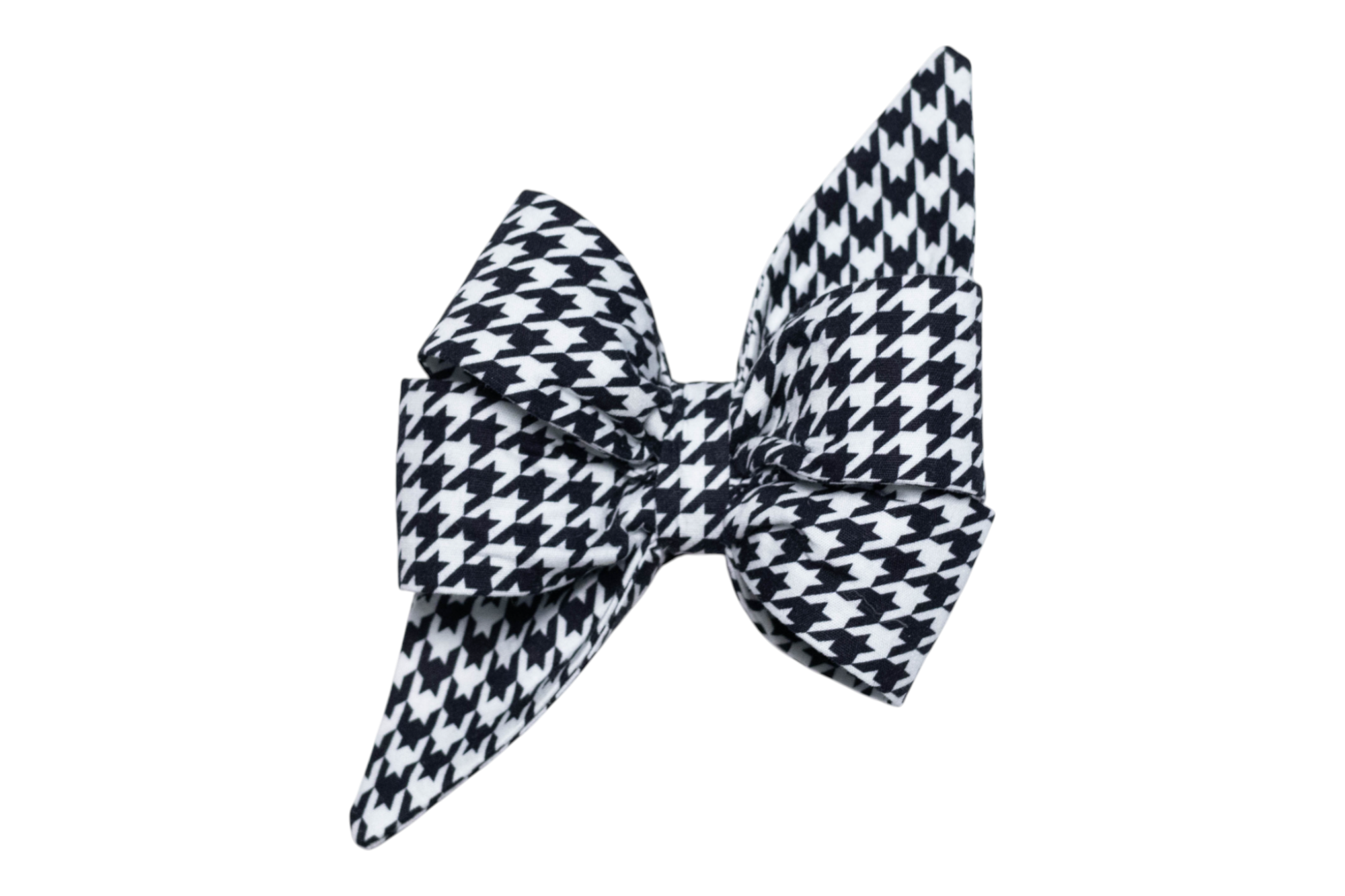 A black and white houndstooth dog belle bow with an elegant layered structure and pointed tails. The double-looped belle bow design features crisp, voluminous folds that extend into long, tapered ends, adding a refined and classic flair.