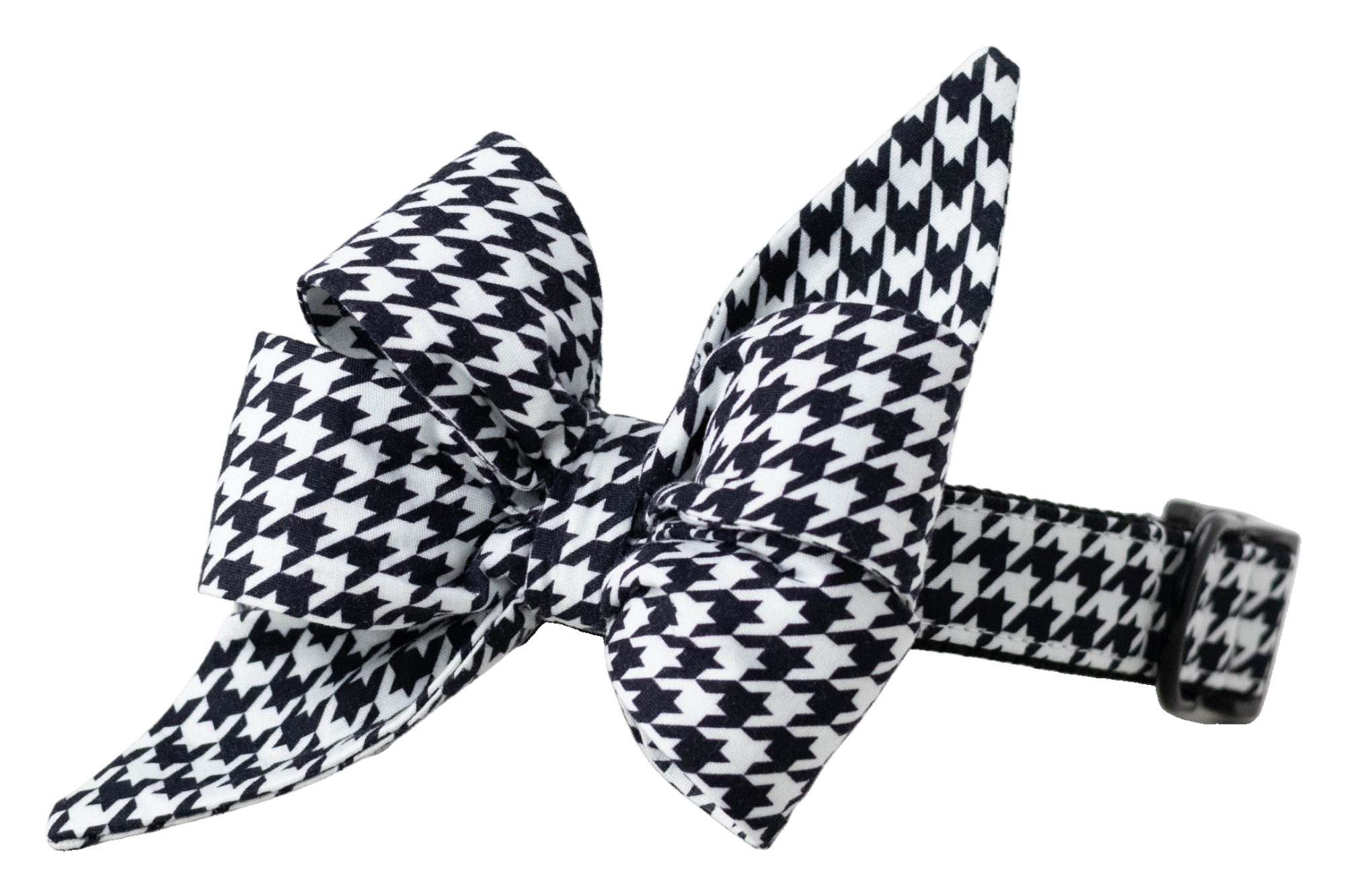 Chic dog collar in a bold black and white houndstooth print, featuring an attached large belle bow made of the same fabric. The belle bow has structured folds and long, pointed tails for a dramatic flair, and the collar includes matte black hardware and reinforced stitching—perfect for stylish pups at formal or seasonal events.