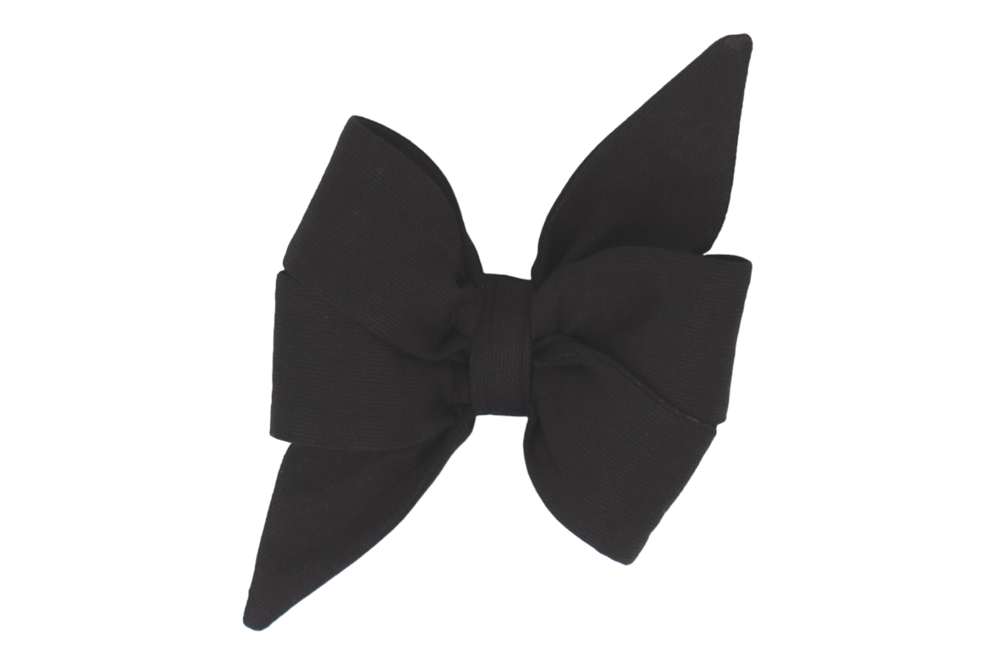 A black fabric belle bow with an elegant, oversized design for your best gal. Featuring pointed tails and layered loops, displayed against a plain white background. Chic and perfect for your pup on your big day.