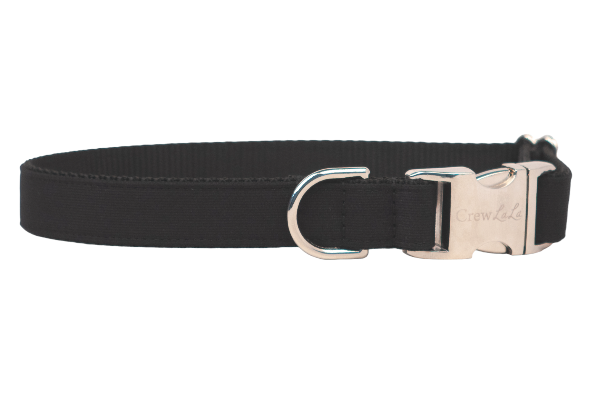 A sleek black dog collar made of durable fabric, featuring a silver metal D-ring and a shiny buckle clasp engraved with the brand name "Crew LaLa," shown on a white background.