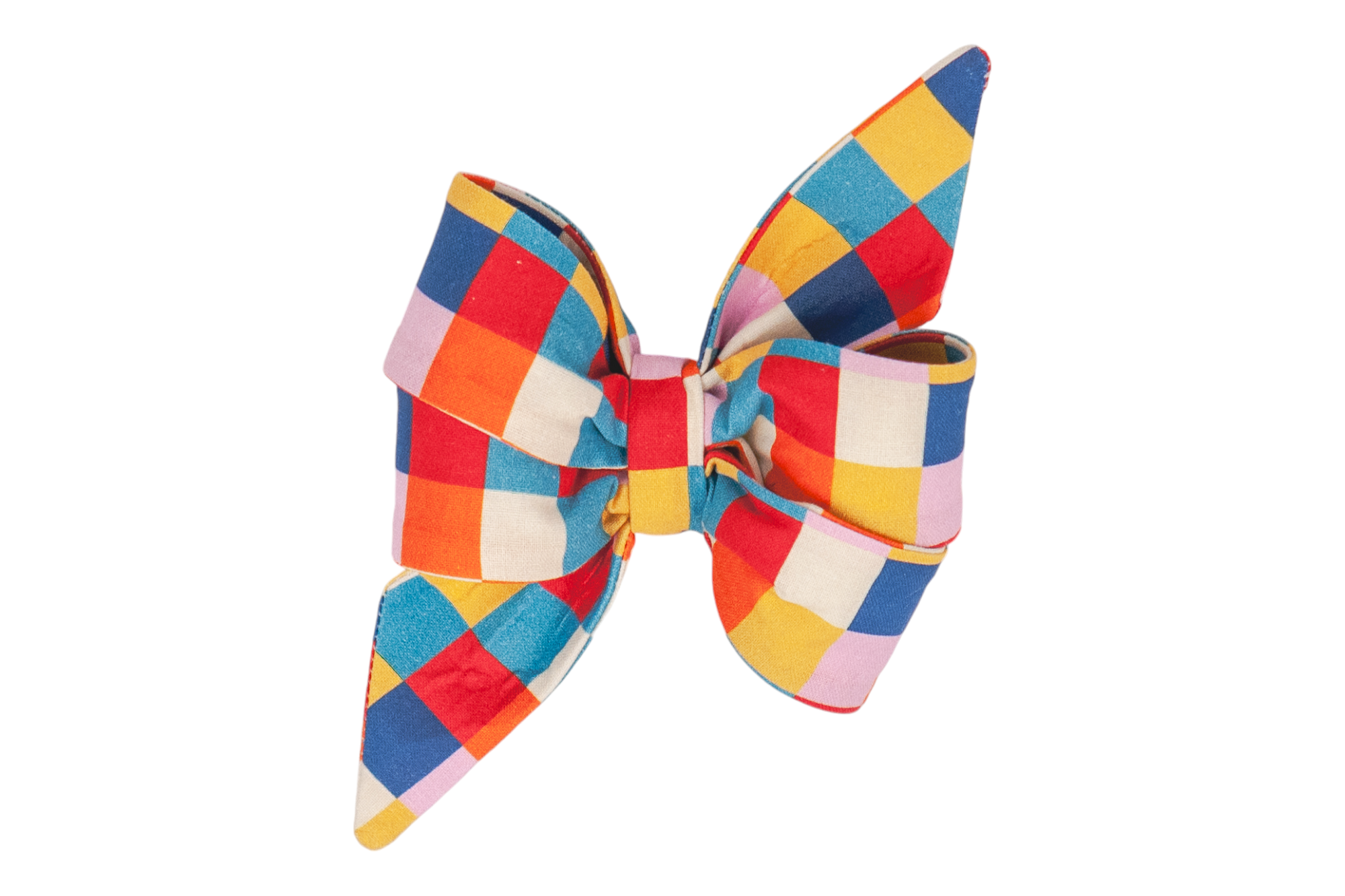A handmade girl dog belle bow with a bold and colorful checkered pattern, featuring vibrant blocks of red, blue, yellow, orange, and pink. Perfect for any celebration!