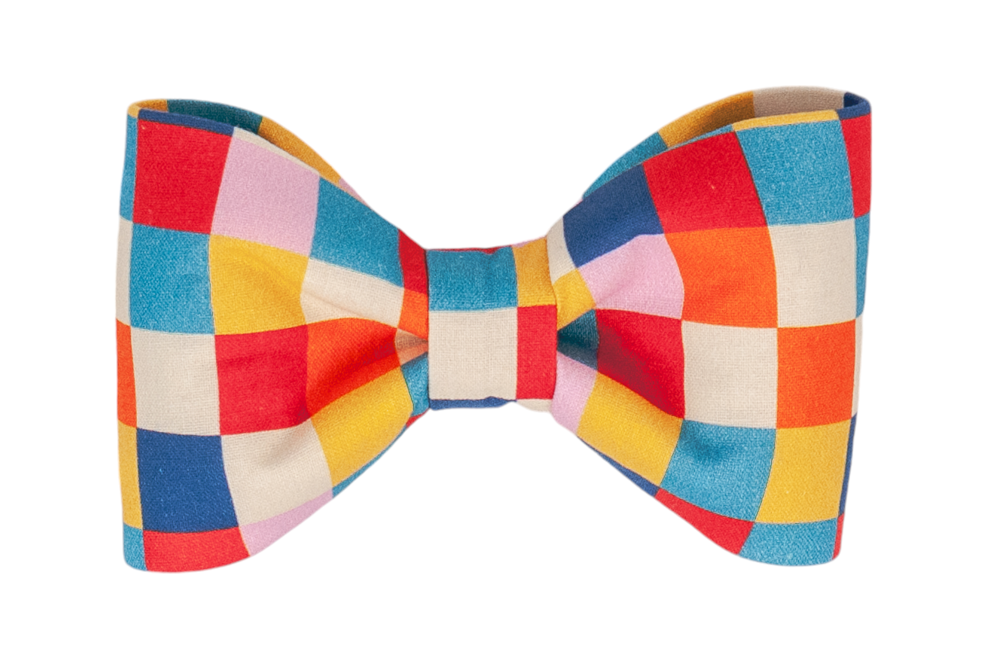 A handmade dog bow tie with a bold and colorful checkered pattern, featuring vibrant blocks of red, blue, yellow, orange, and pink. Perfect for any celebration!