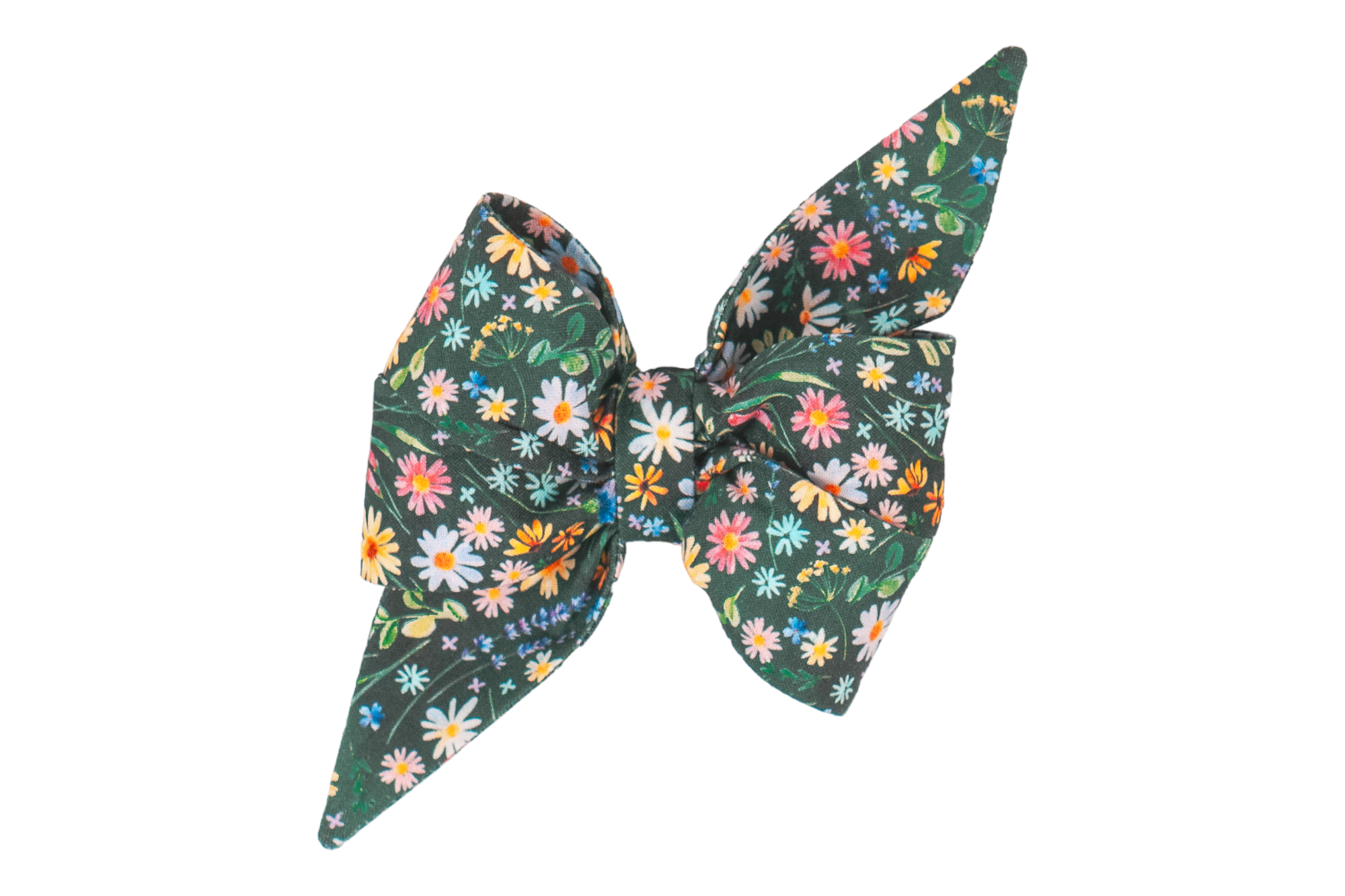A green floral dog bow tie with a garden-inspired print of small daisies and wildflowers. The bow tie is shaped with full loops and sharply tapered tails, designed to attach to a collar for a charming accent.