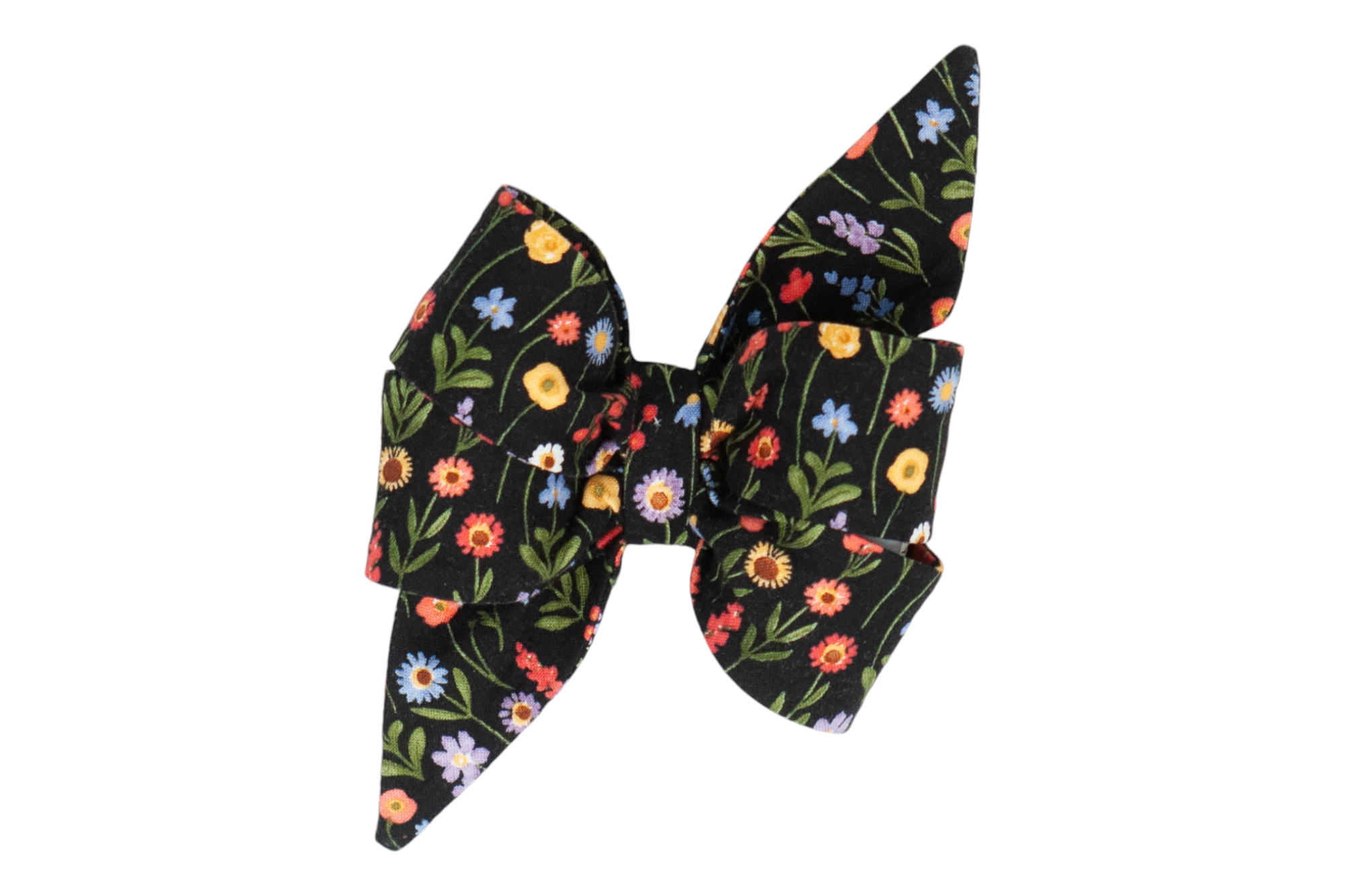 A handmade girl dog belle bow with a bold black background, beautifully adorned with a vibrant array of wildflowers in purple, yellow, red, and white.