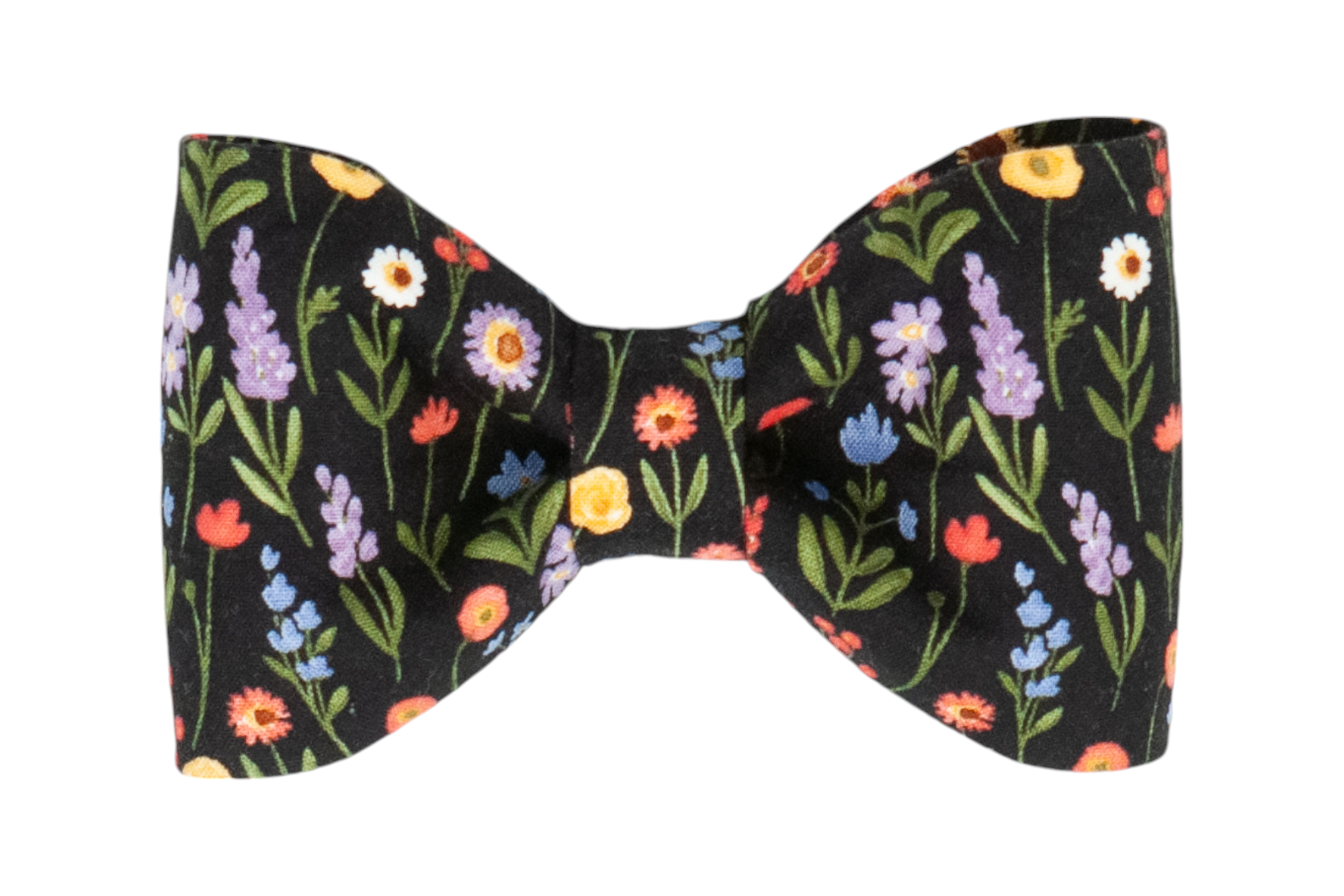 A handmade dog bow tie with a bold black background, beautifully adorned with a vibrant array of wildflowers in purple, yellow, red, and white.