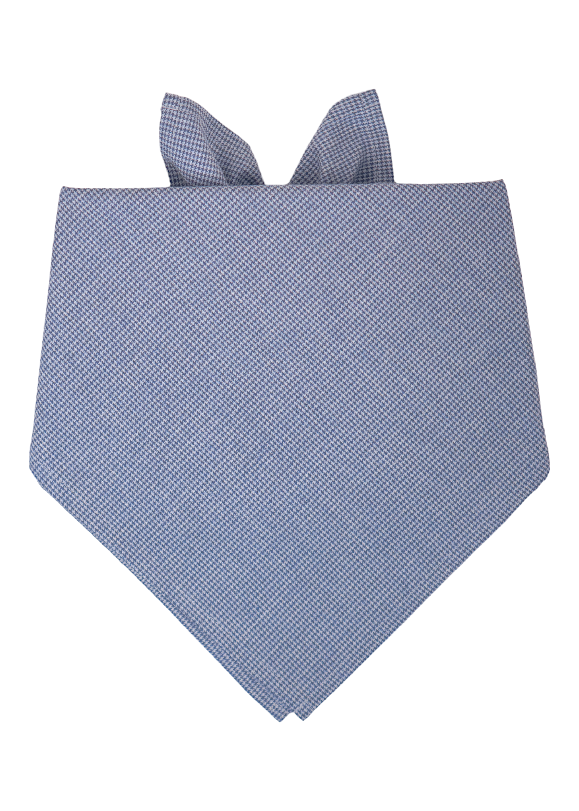 Dog bandana made from soft, lightweight fabric in a subtle blue houndstooth pattern. The bandana is neatly folded into a triangular form, tied at the top corners, and designed to drape comfortably around a pet’s neck.