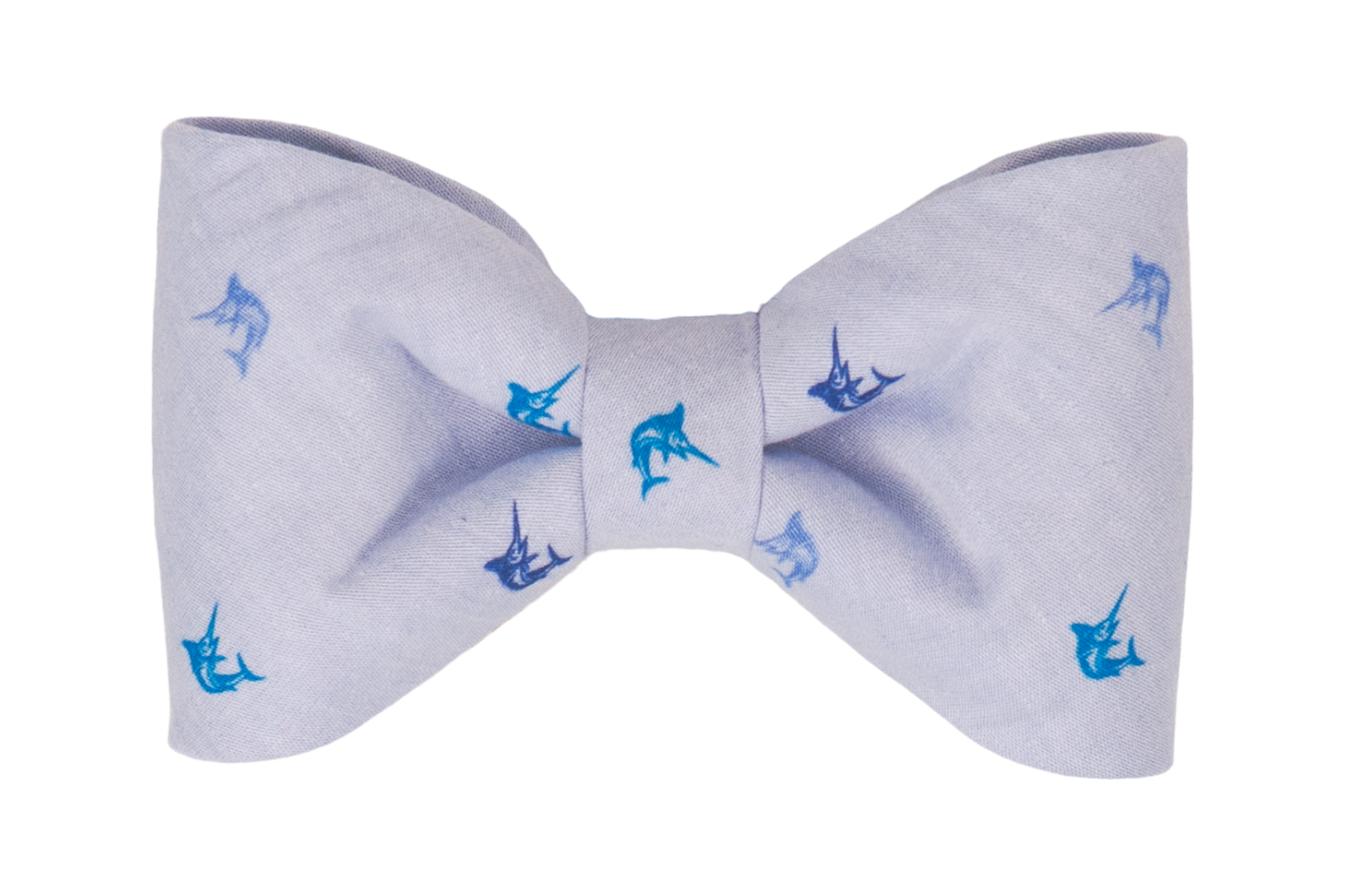 Your pup will be ready for summer in this ocean-inspired dog bow tie featuring delicate marlin fish pattern on a soft blue fabric.