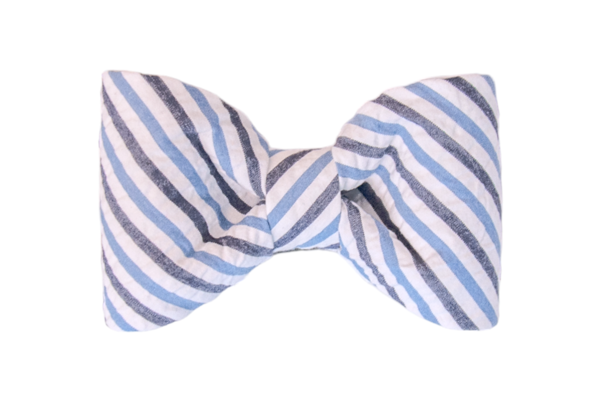 A classic blue, navy, and white striped seersucker dog bow tie, perfect for adding a nautical touch to your pet's wardrobe.