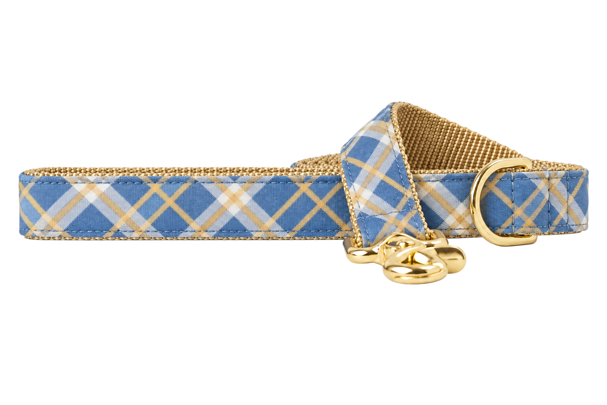 Blue Ridge Plaid dog leash made with a slate blue plaid with tan, cream and pale yellow lines, lined with tan khaki nylon webbing, with a handle loop and a gold trigger clip.