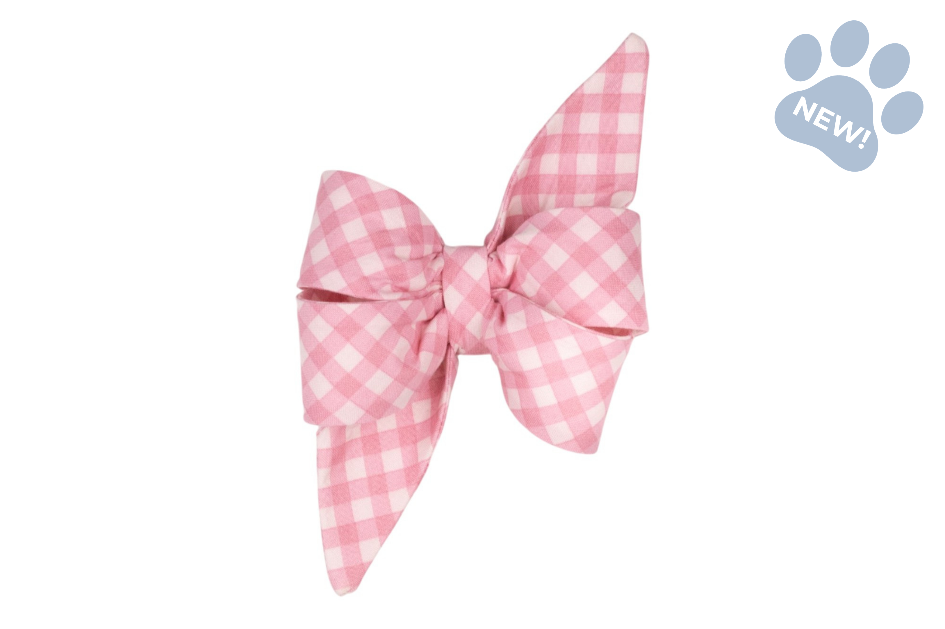 Oversized dog collar bow in a pastel pink and white gingham print, styled with signature belle bow loops and elongated pointed tails for an elegant look.
