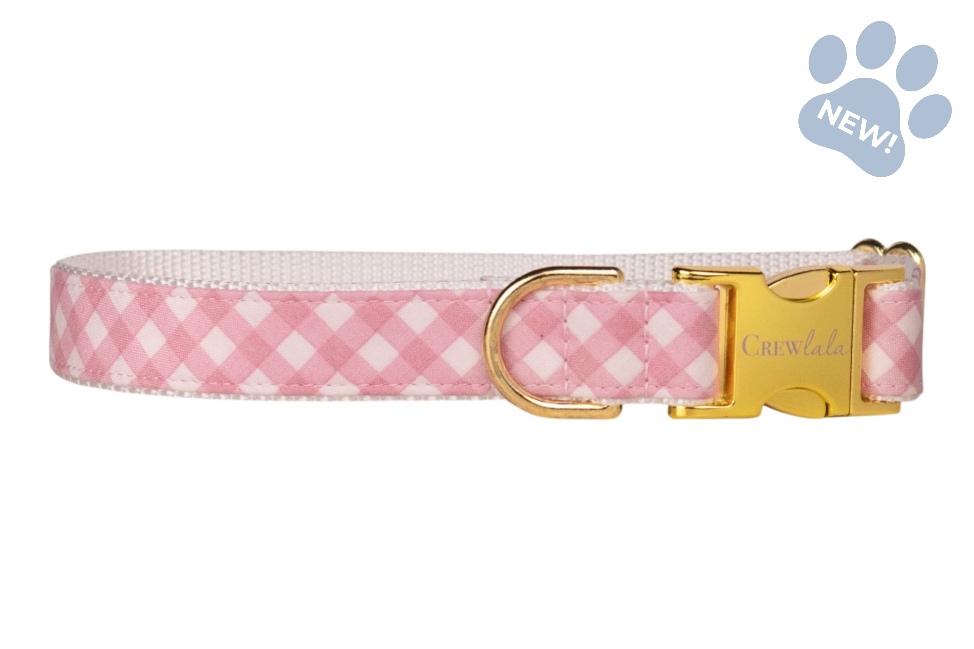 Pastel pink and white gingham dog collar with an adjustable fit, gold metal clasp, and clean white backing, displayed against a white background.