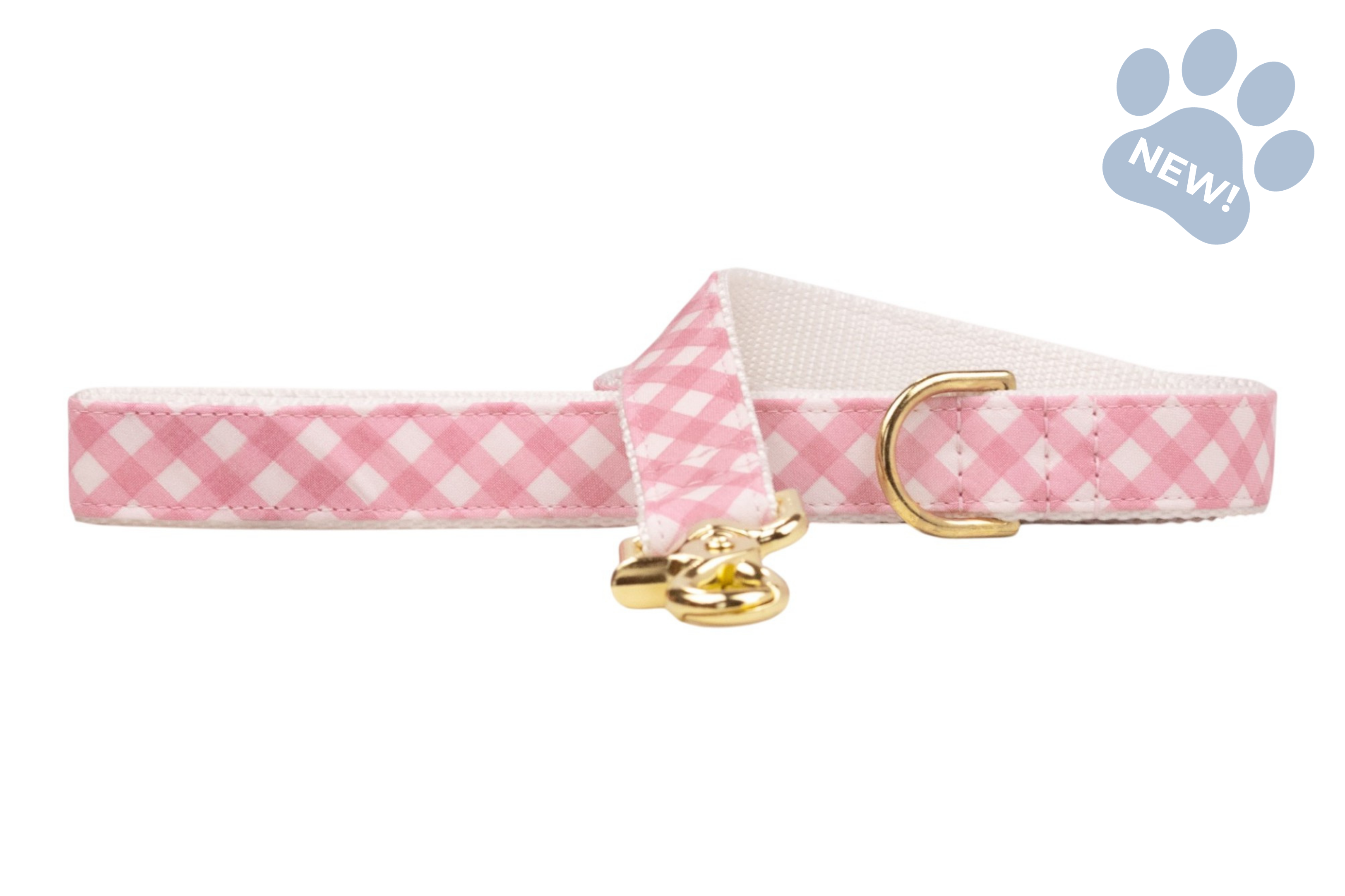 Pink gingham dog leash featuring a classic pink-and-white check pattern, white webbing, and gold-tone hardware including a swivel clasp and accessory D-ring.