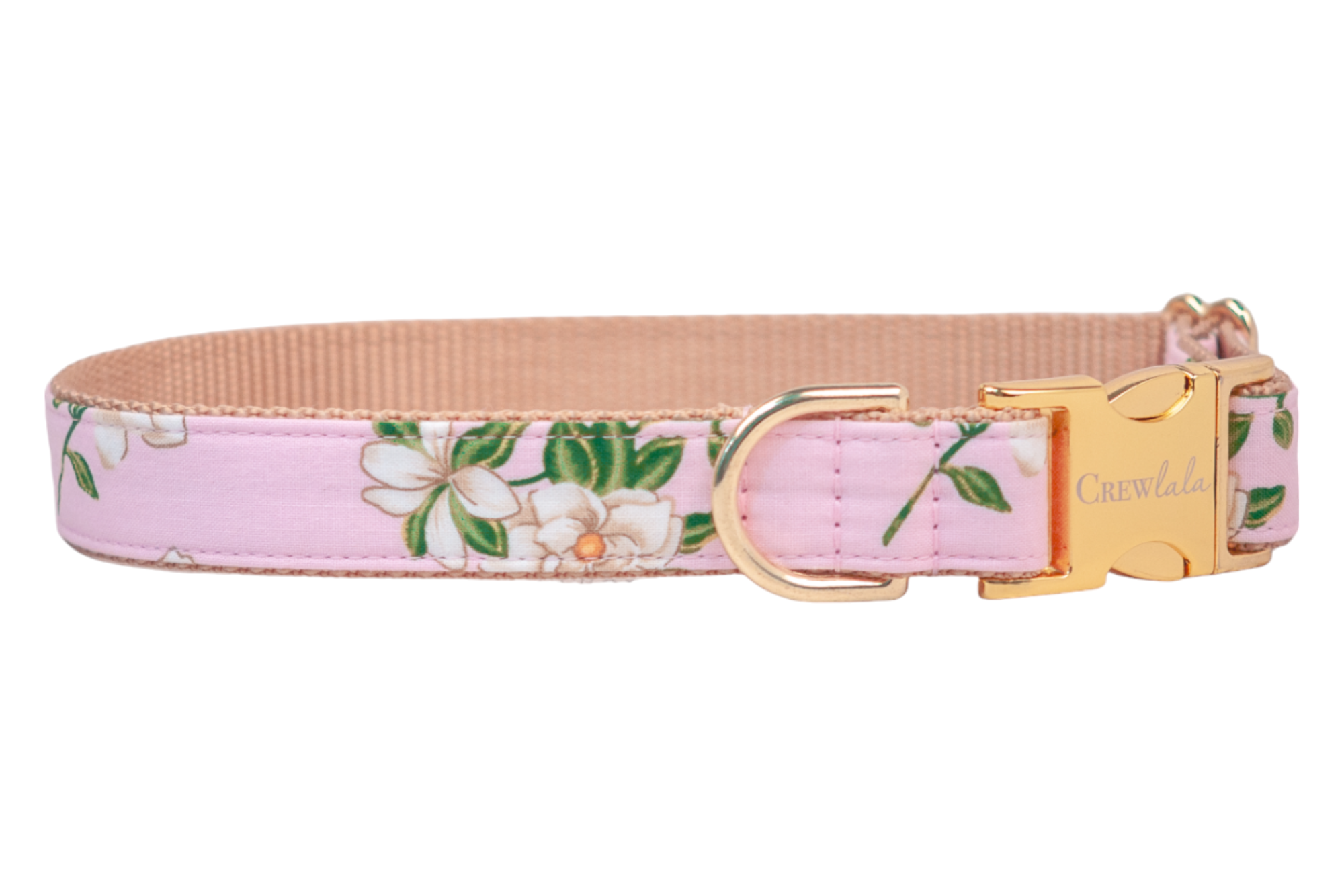 Dog collar made from solid light pink fabric, layered over nylon webbing. Features a gold-tone side-release buckle engraved with “Crewlala,” a matching D-ring for leash attachment, and neatly stitched edges for a clean, polished finish.