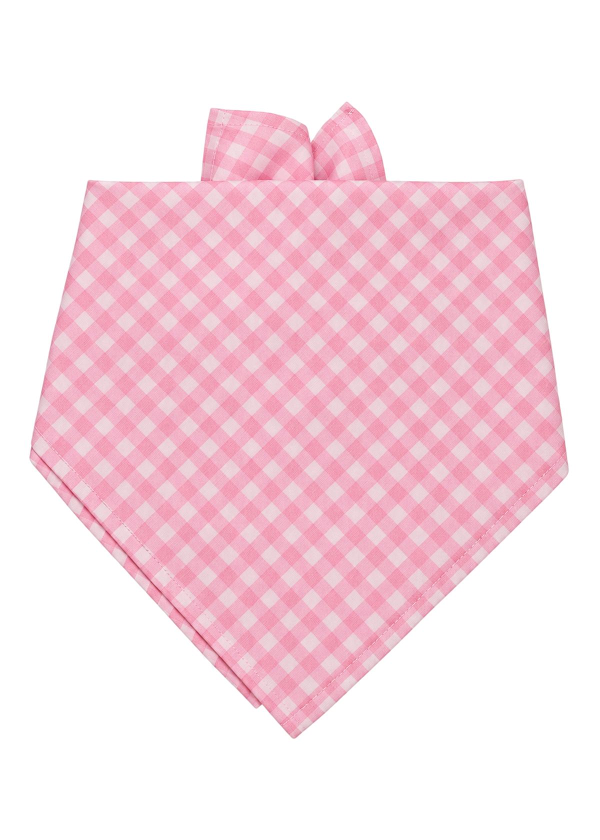 Blush and Bashful Picnic Plaid dog bandana made with a soft blush pink and white gingham check, shown folded with tied tips on a white studio background.