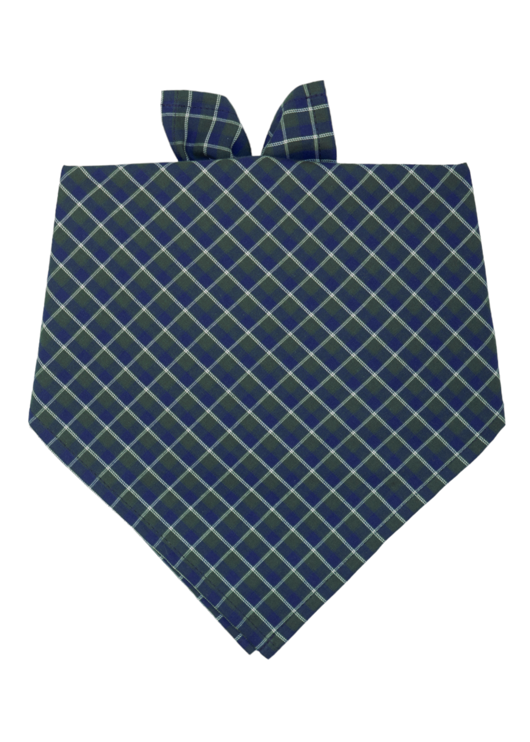 A stylish dog bandana with a green and blue plaid pattern, forming a diamond grid. The bandana is displayed flat in a triangular fold with a tie at the top that forms two ears or flaps, suggesting it is meant to be worn around your pups neck.