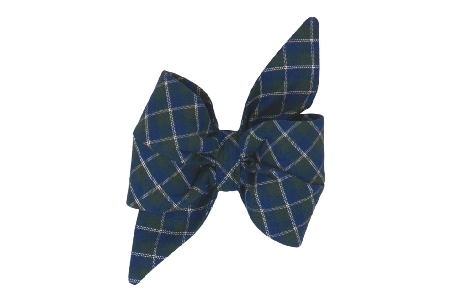 Handmade tartan plaid belle bow for girl dogs, featuring deep navy and forest green hues, ideal for formal occasions or everyday wear.