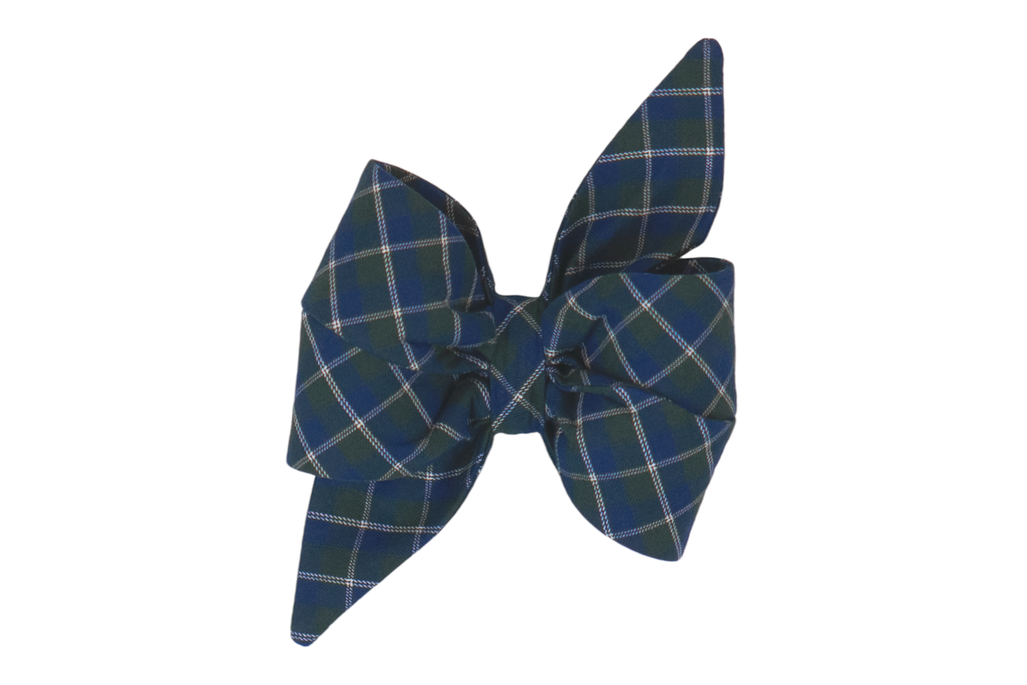 Handmade tartan plaid belle bow for girl dogs, featuring deep navy and forest green hues, ideal for formal occasions or everyday wear.