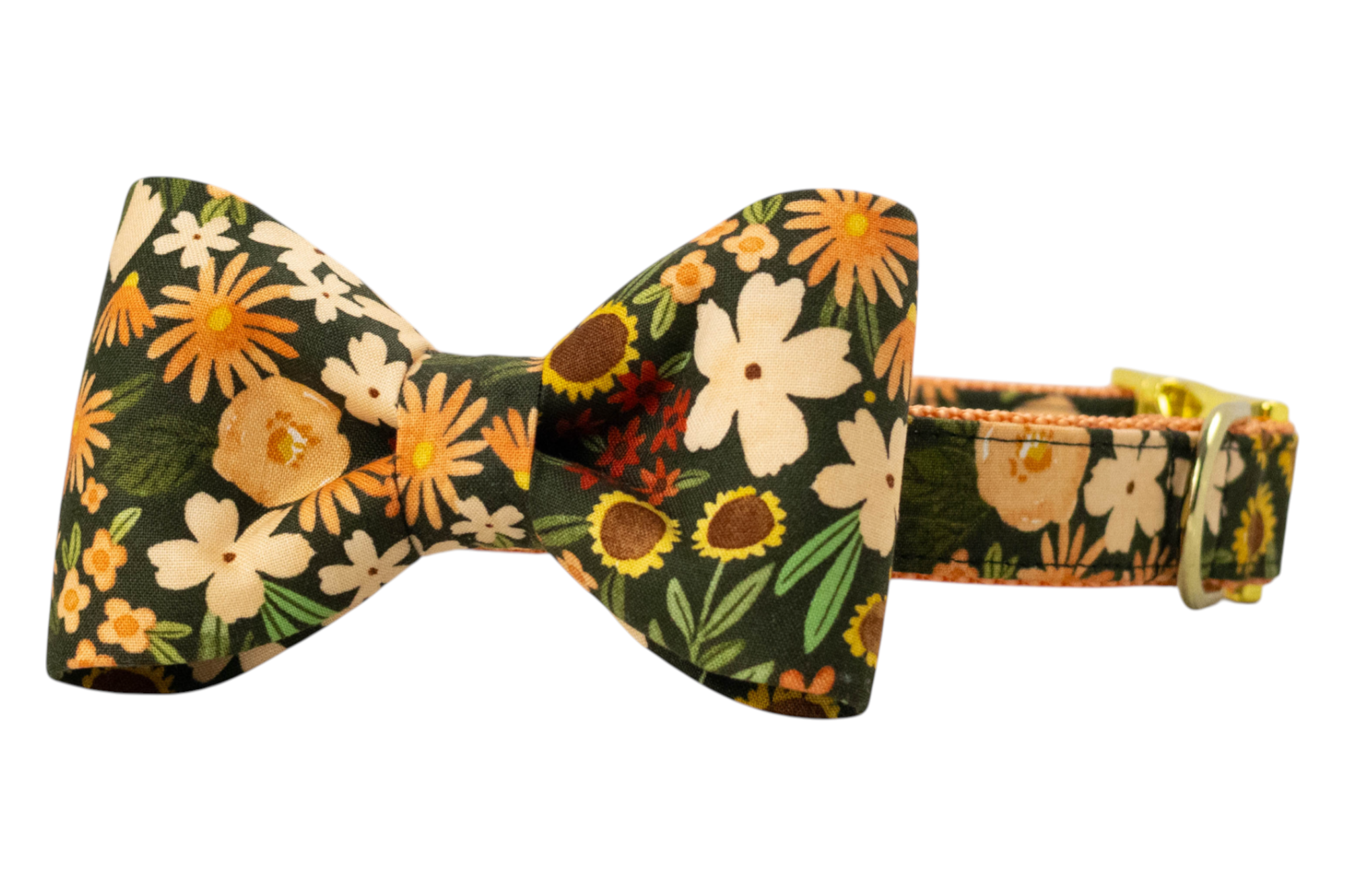 Floral pet bow tie collar with a garden-inspired pattern on deep green fabric, showcasing assorted warm-colored flowers and luxe hardware.