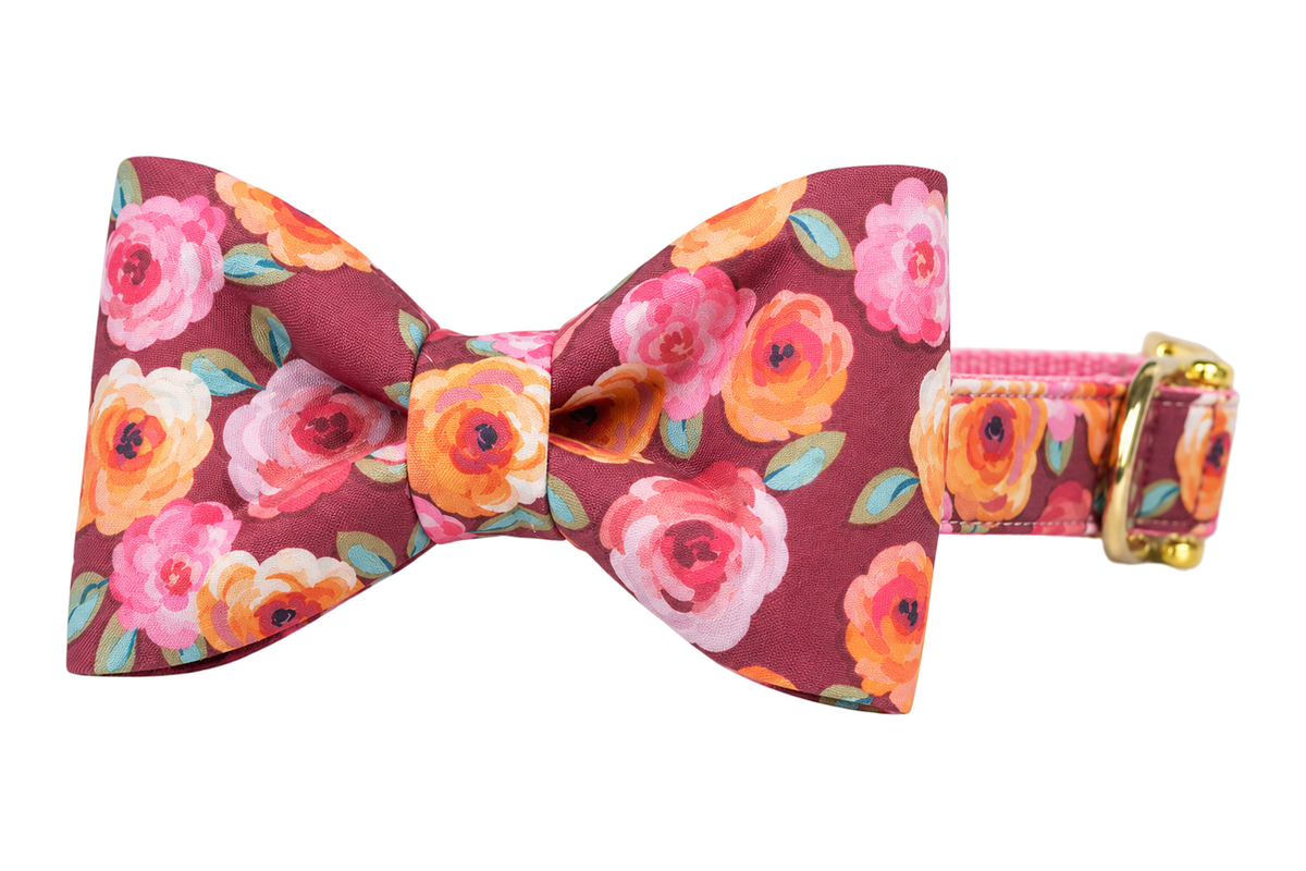Classic dog collar featuring a Briar Rose fabric bow tie, a dusty mauve print with large painterly pink and orange roses and green leaves, attached to a matching Briar Rose collar with a nylon inner lining and gleaming gold hardware, including a D-ring and buckle.