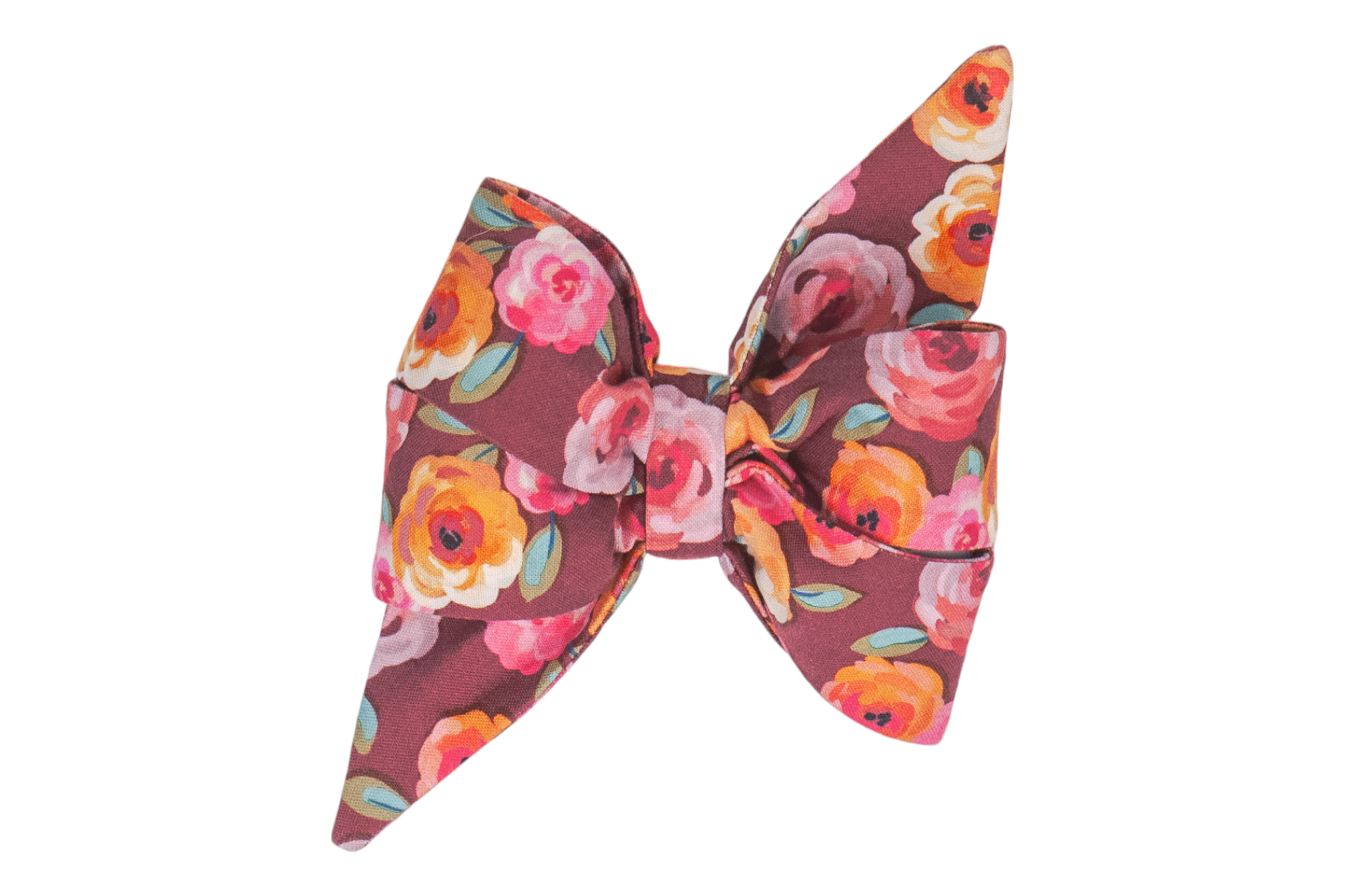 A handmade girl dog belle bow with a rich maroon backdrop, beautifully decorated with vibrant floral patterns in shades of pink, orange, and yellow, making the perfect floral for Fall.