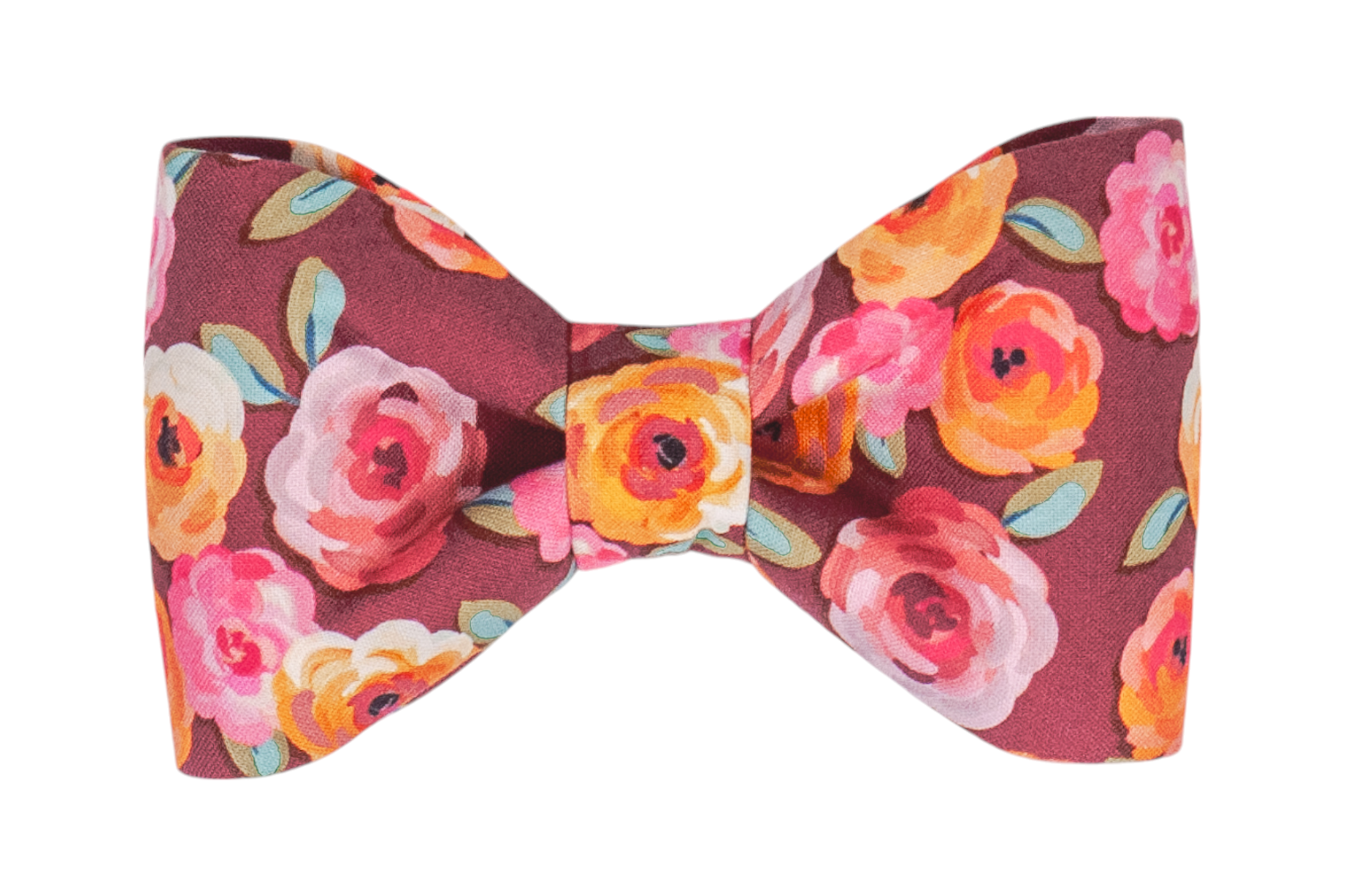 A handmade dog bow tie with a rich maroon backdrop, beautifully decorated with vibrant floral patterns in shades of pink, orange, and yellow, making the perfect floral for Fall.