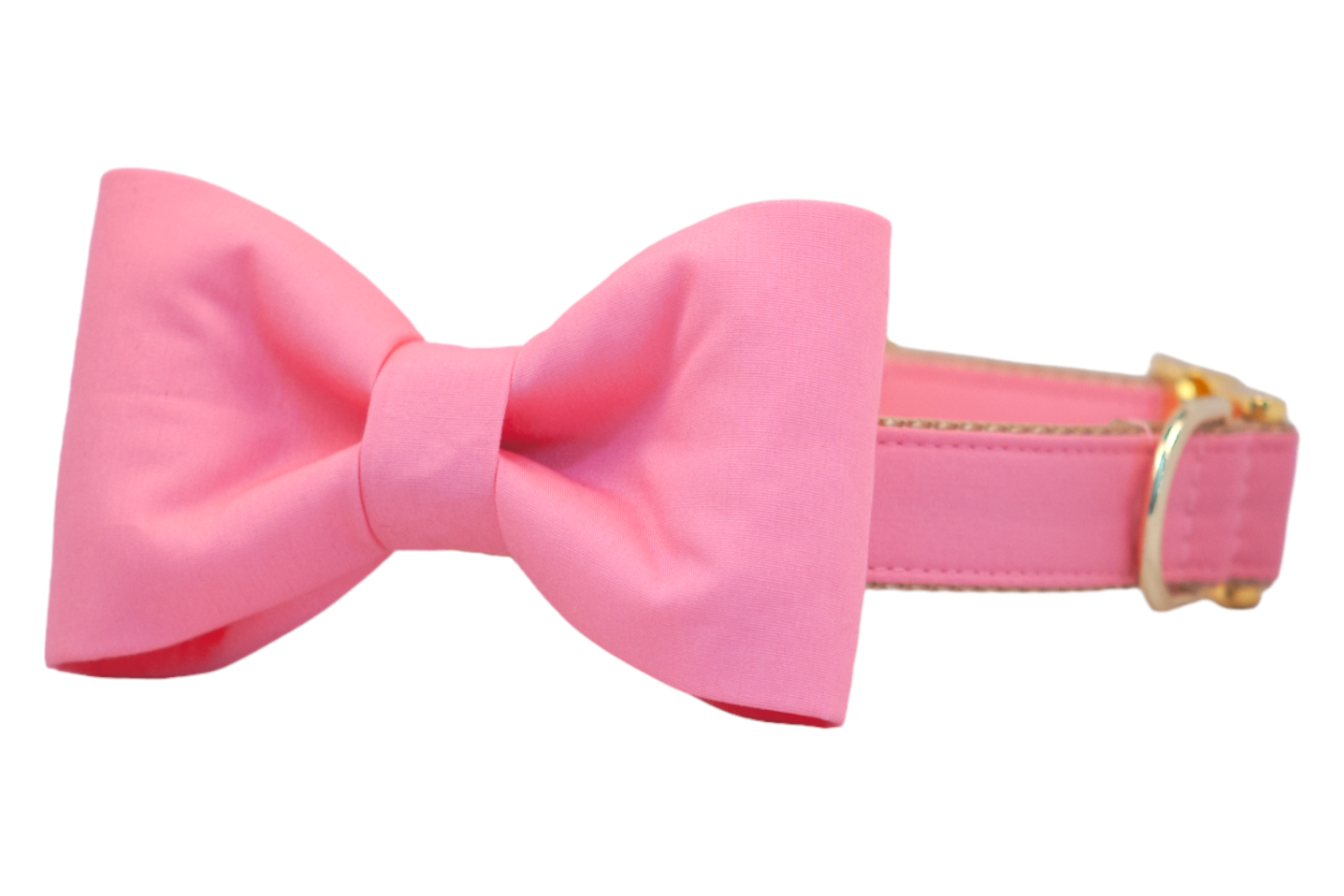 A stylish dog collar in bubblegum pink with a matching classic bow tie attached, tan woven interior, and polished gold-tone D-ring and buckle, designed for special occasions or everyday flair.