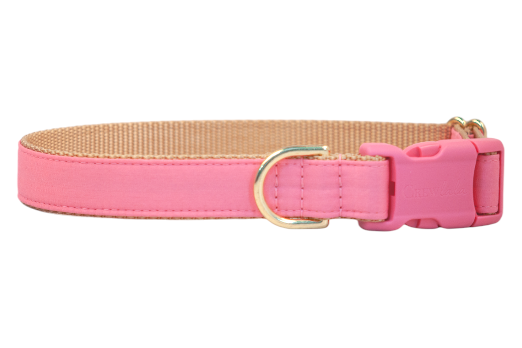 A high-quality bubblegum pink dog collar with tan webbing and reinforced stitching, showcasing pink plastic buckle engraved with the brand “Crewlala” and a gold D-ring, blending comfort, charm, and durability for your stylish pup.