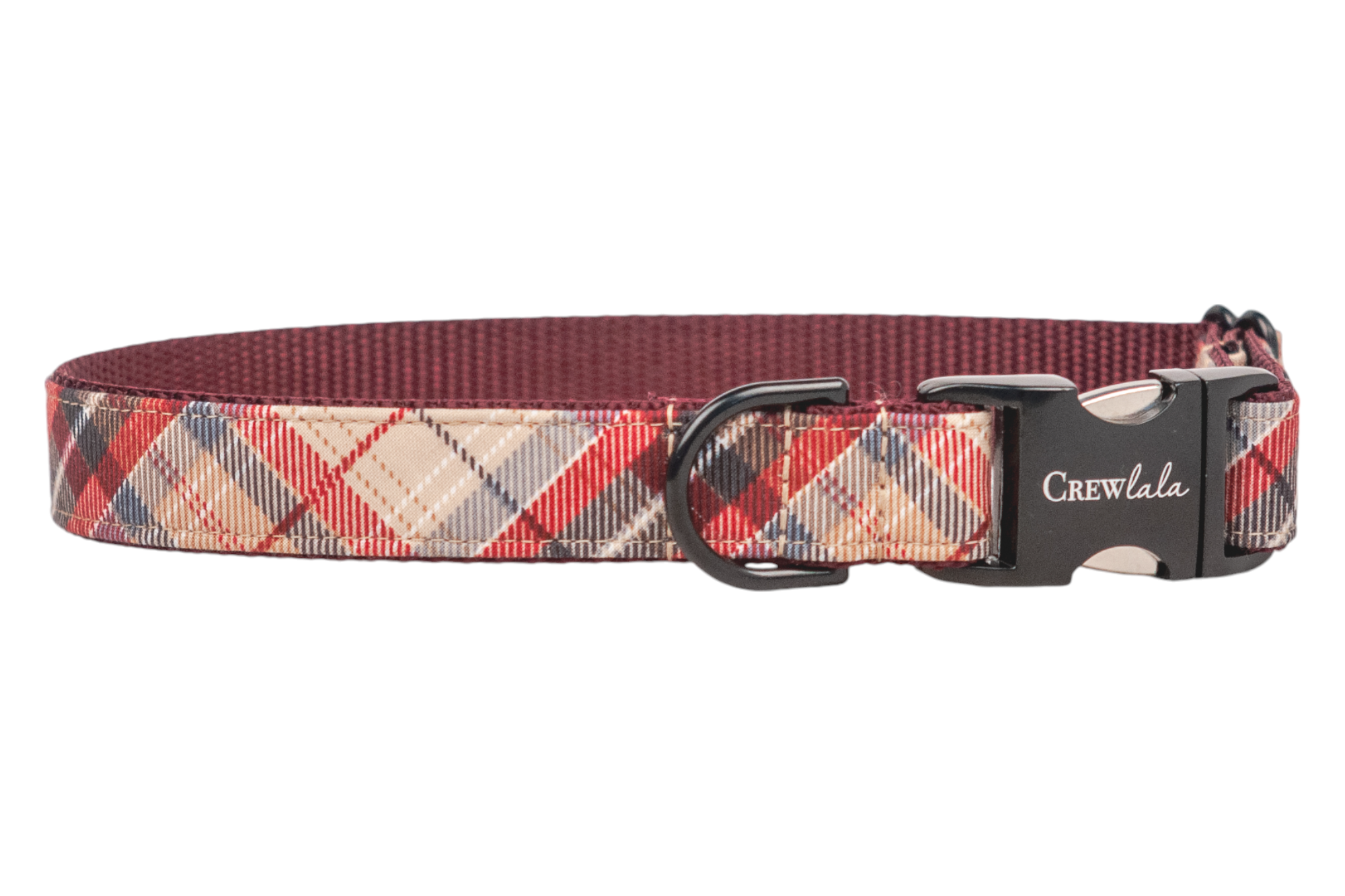 A handcrafted dog collar in a neutral plaid pattern. The design includes a durable inner webbing and metal hardware, including a branded buckle and D-ring. Handmade in Charleston, SC.