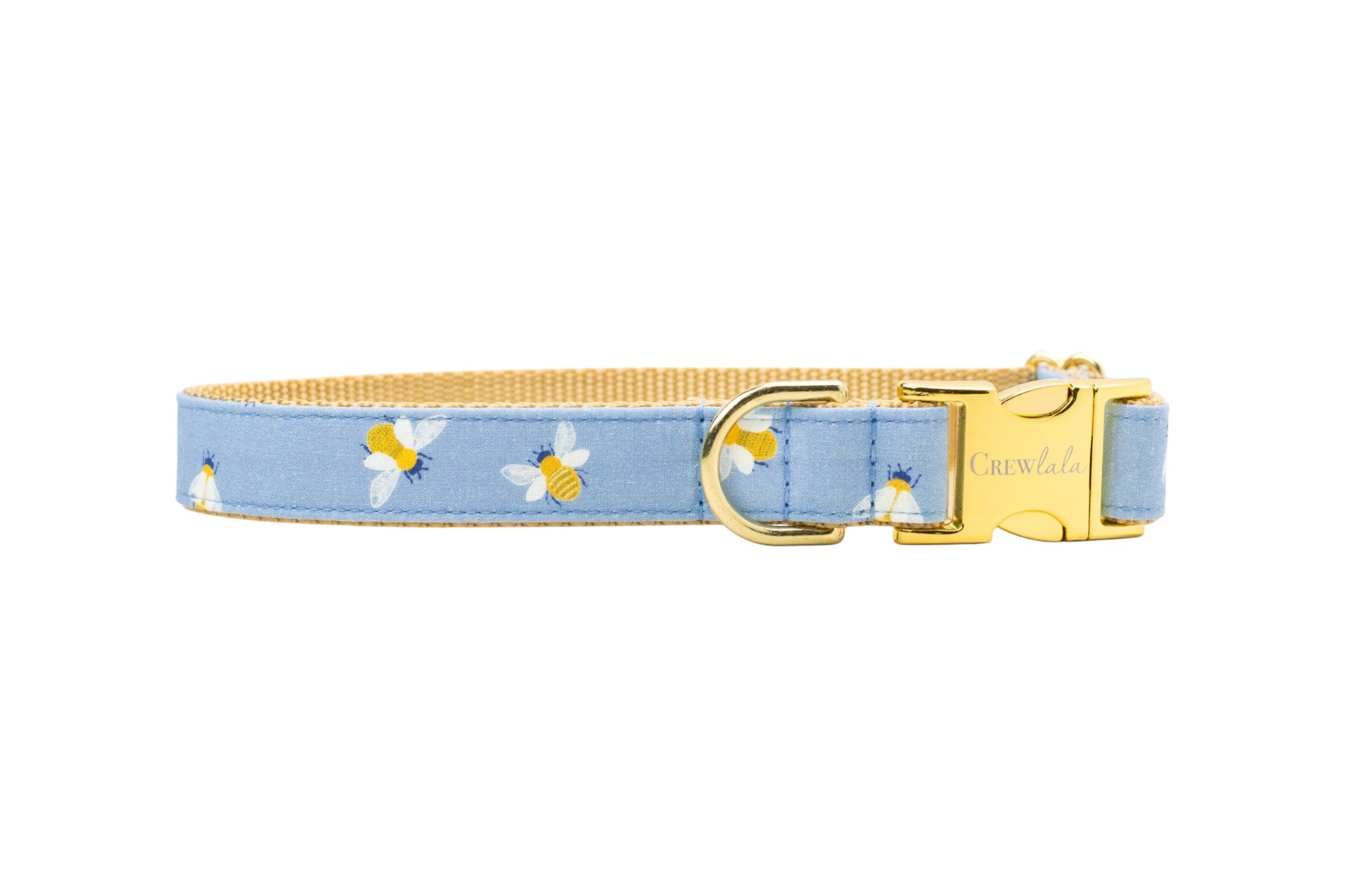 Bee-print dog collar in soft blue with yellow accents and polished gold hardware