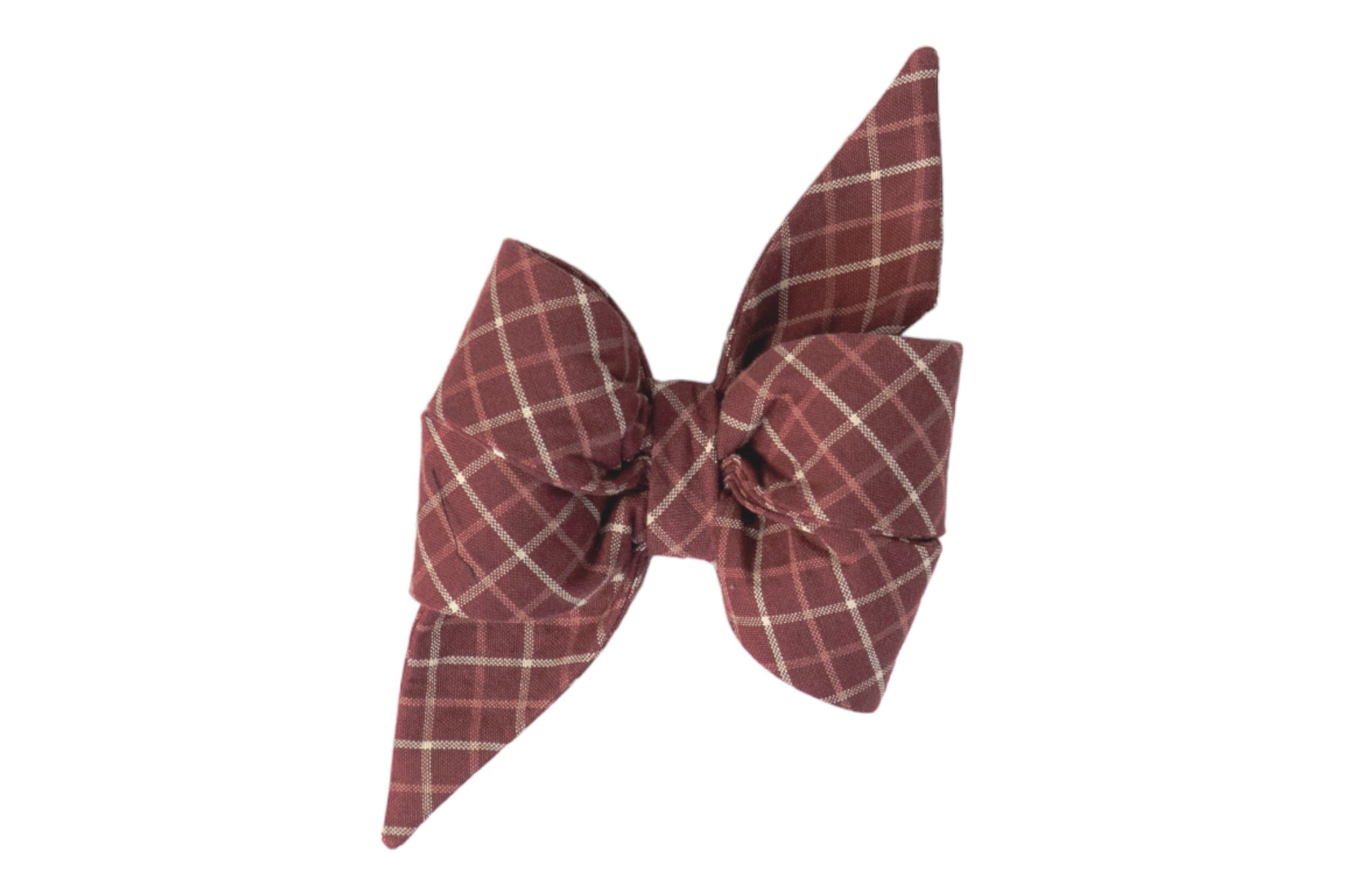 Large, feminine dog bow tie in burgundy with a light diamond plaid print. The structured belle bow has dramatic pointed ends and a central knot wrap, offering a stylish statement accessory for any collar.