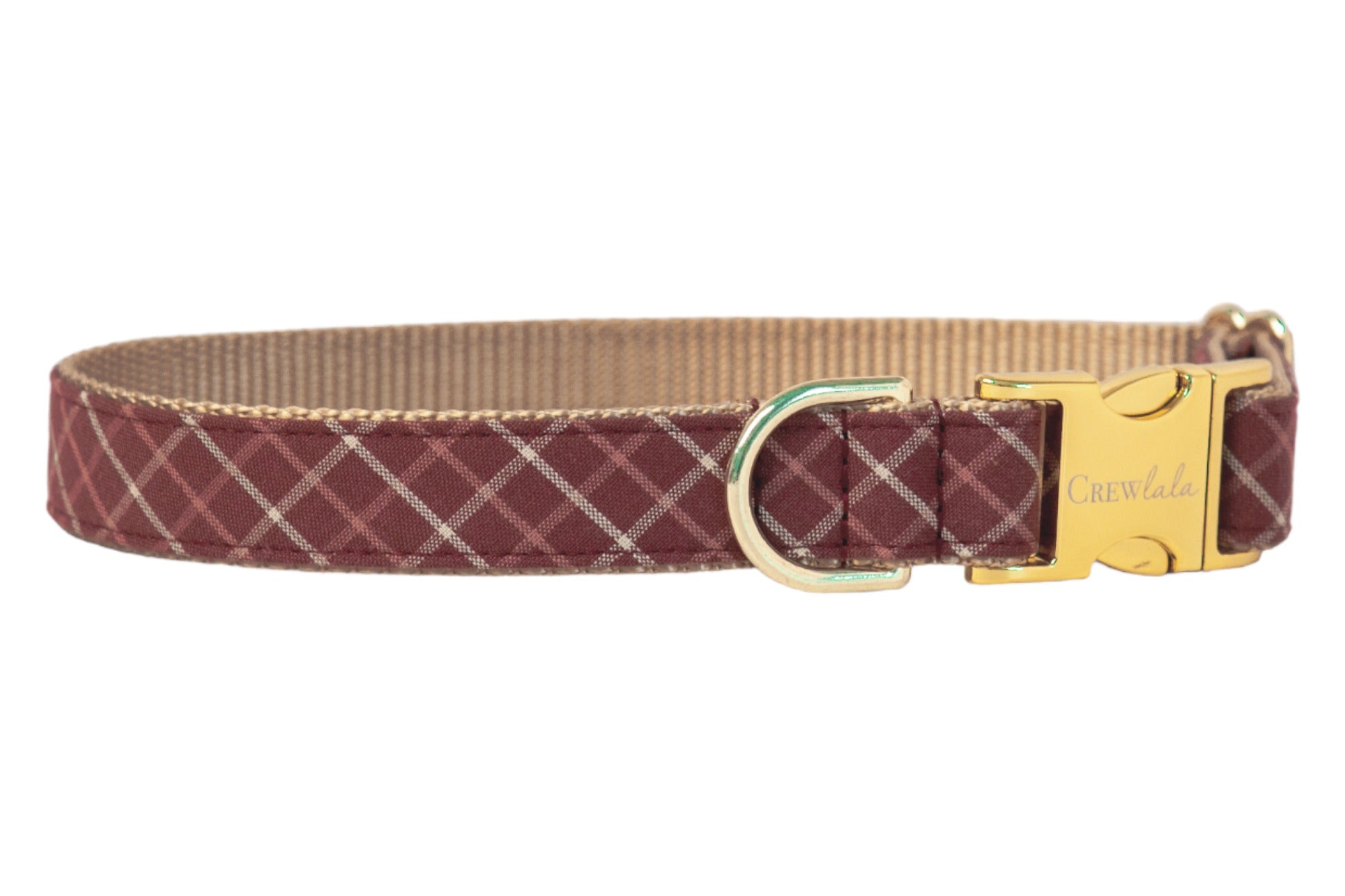 Burgundy dog collar with a light plaid design, complemented by a shiny metal buckle engraved with “Crewlala” and a matching D-ring for leash or tag attachment.