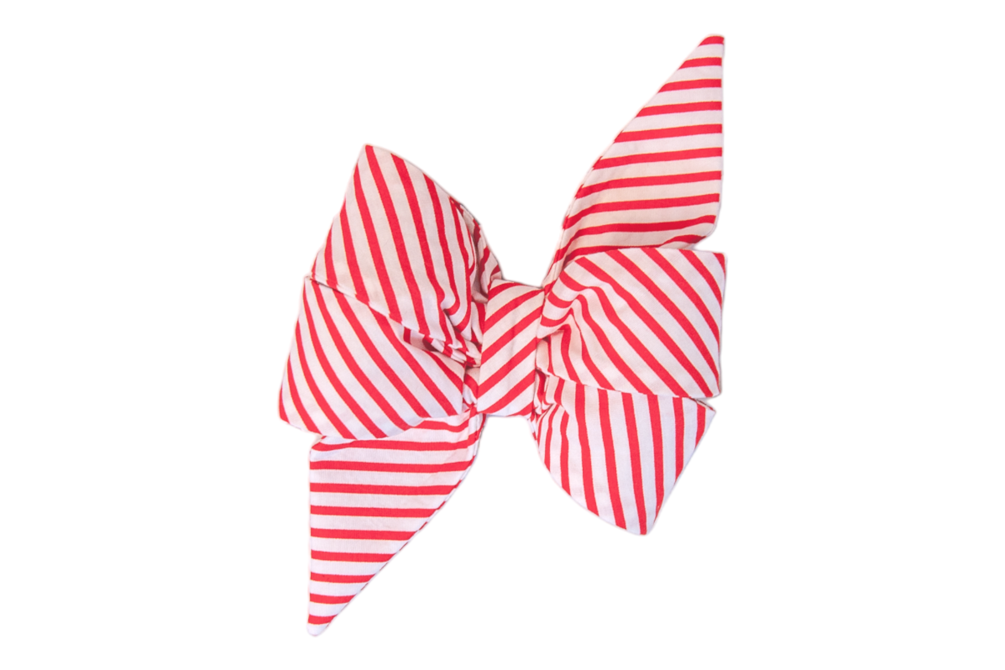 A festive oversized belle bow with red and diagonal stripes, resembling a candy cane pattern. The belle bow has structured loops and pointed tails, designed as a stylish holiday accessory for dog collars.