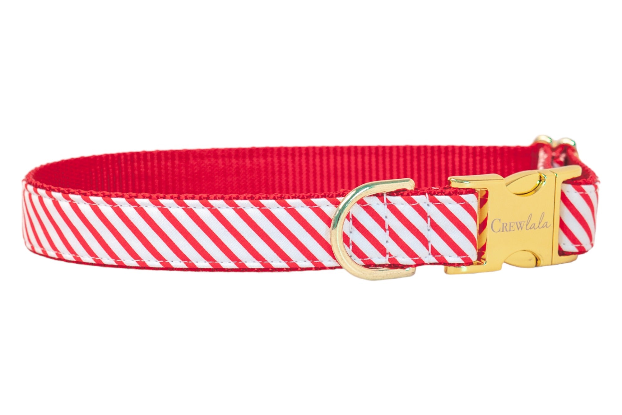 This Christmas-ready dog collar features playful red stripes with a festive candy cane vibe. Finished with a polished buckle and D-ring, it blends durability with holiday style for dogs who love to stand out.