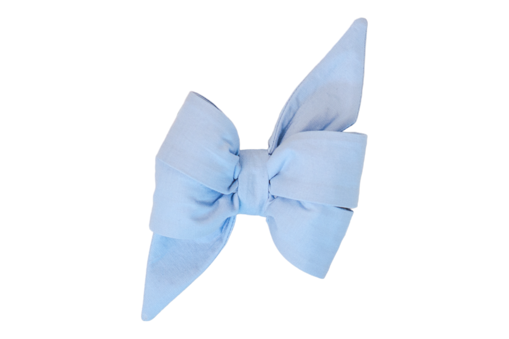 Oversized dog belle bow in soft blue cotton, featuring wide symmetrical loops and two long pointed tails for a classic, elegant look.